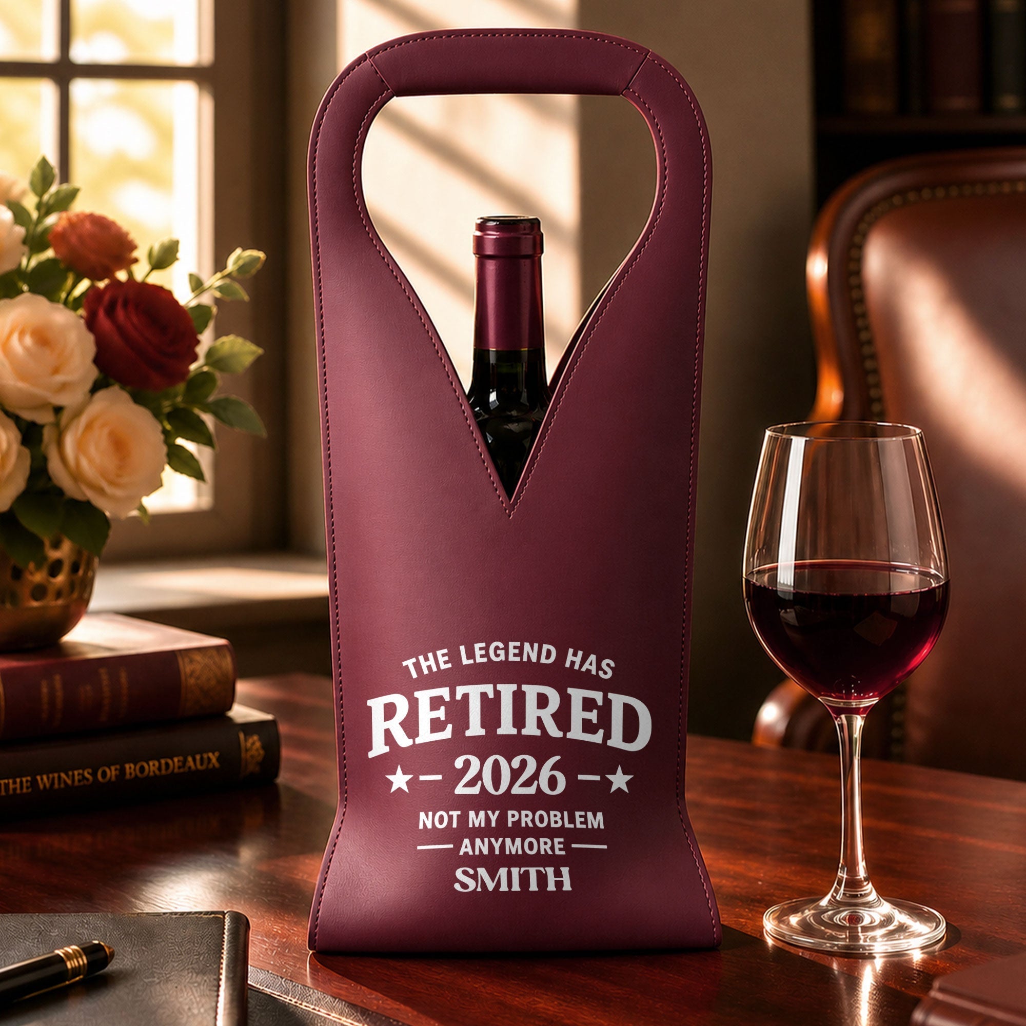 Personalized Leather Wine Bag Custom Name Gift for Retirement
