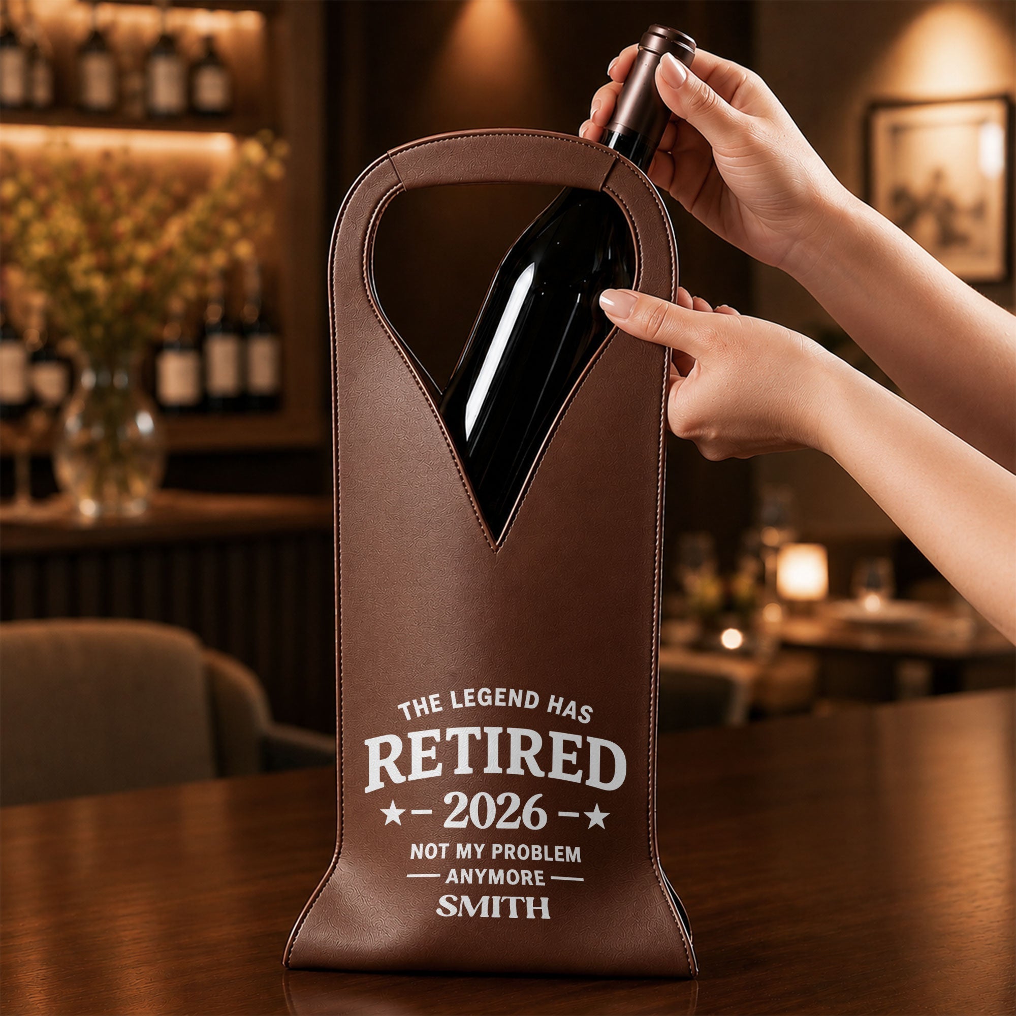 Personalized Leather Wine Bag Custom Name Gift for Retirement