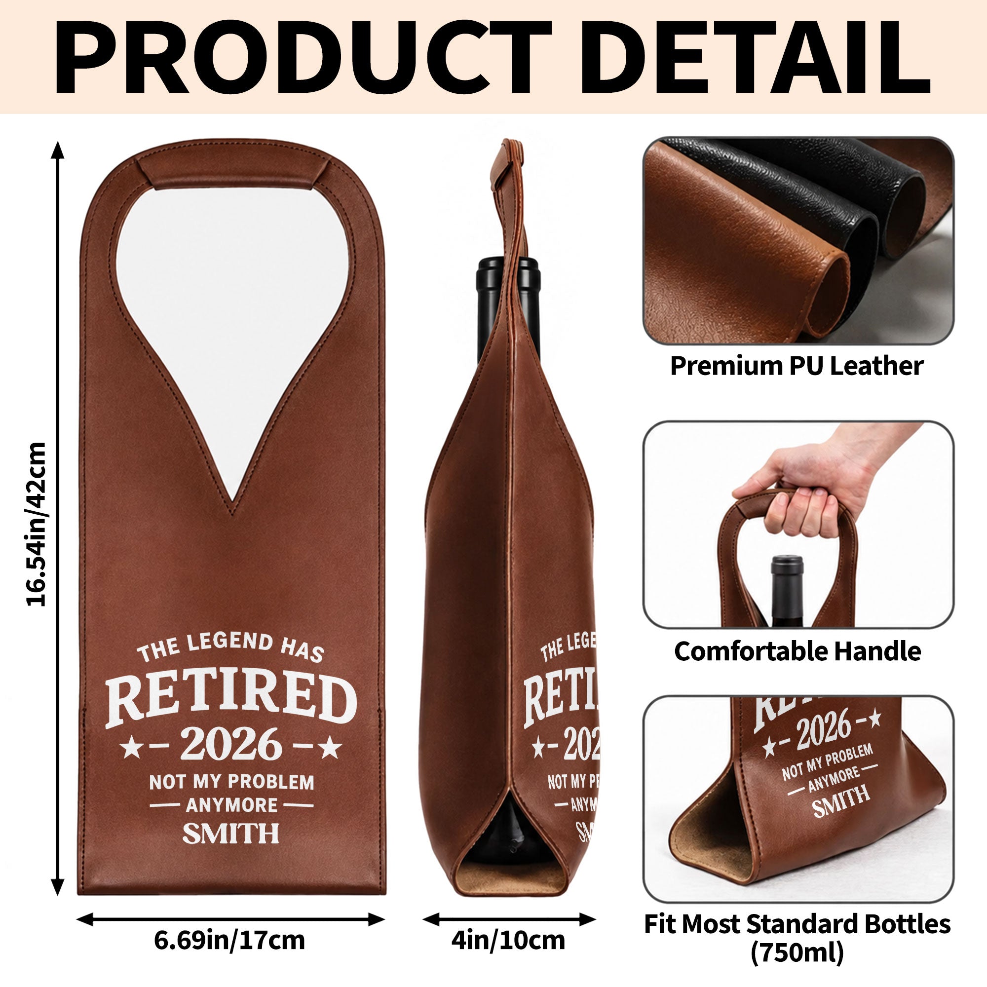 Personalized Leather Wine Bag Custom Name Gift for Retirement