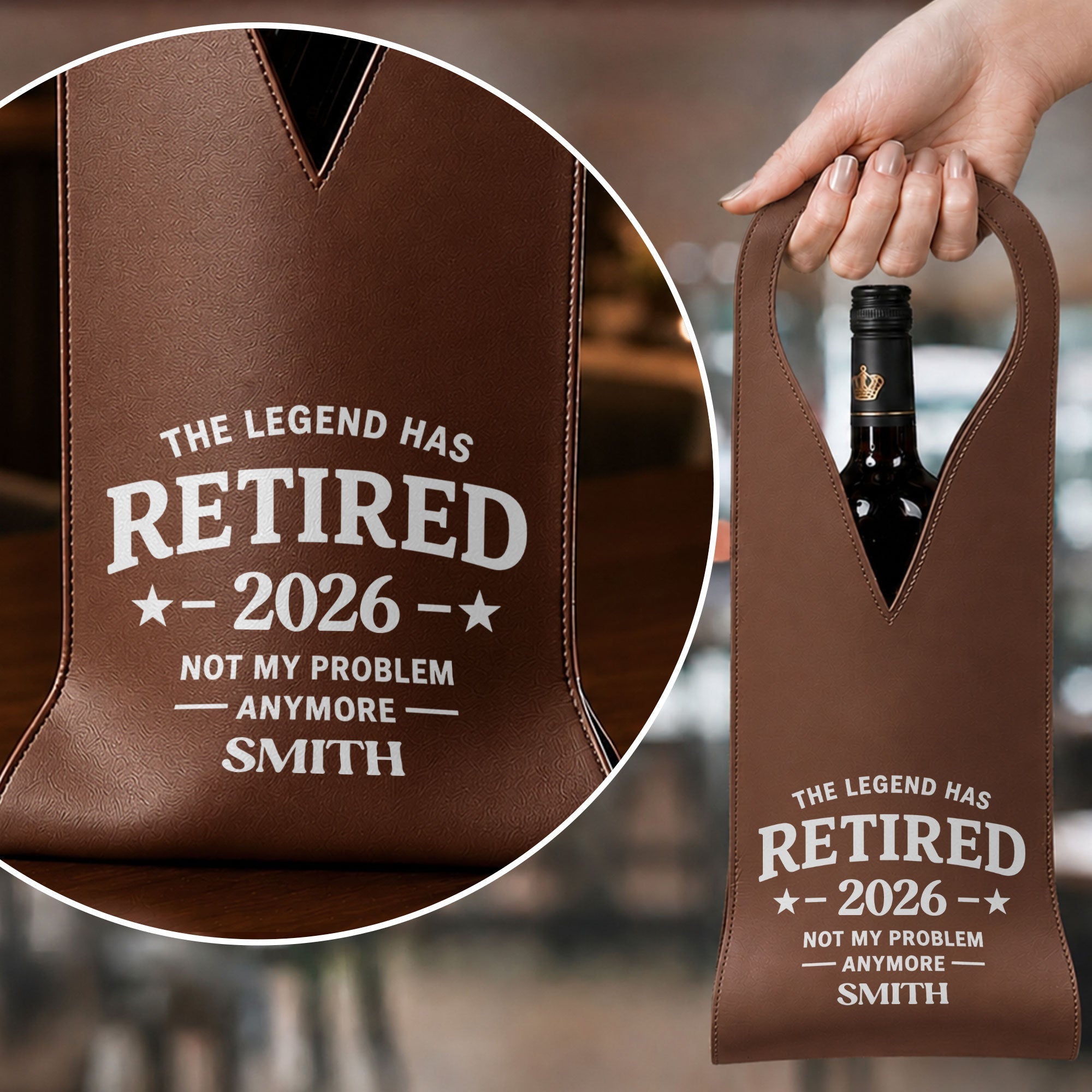 Personalized Leather Wine Bag Custom Name Gift for Retirement