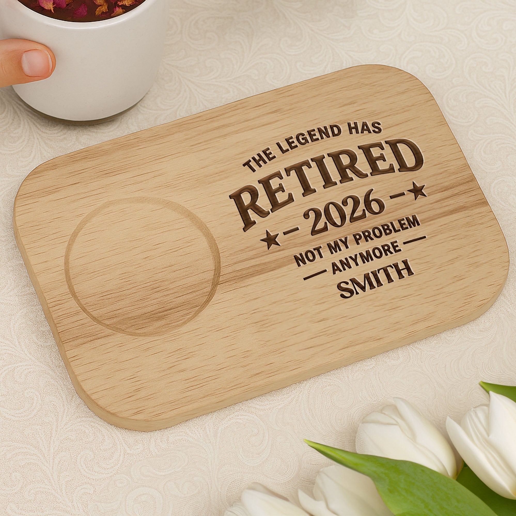 Personalized Engraved Serving Board with Cup Holder Retirement Gift for Him