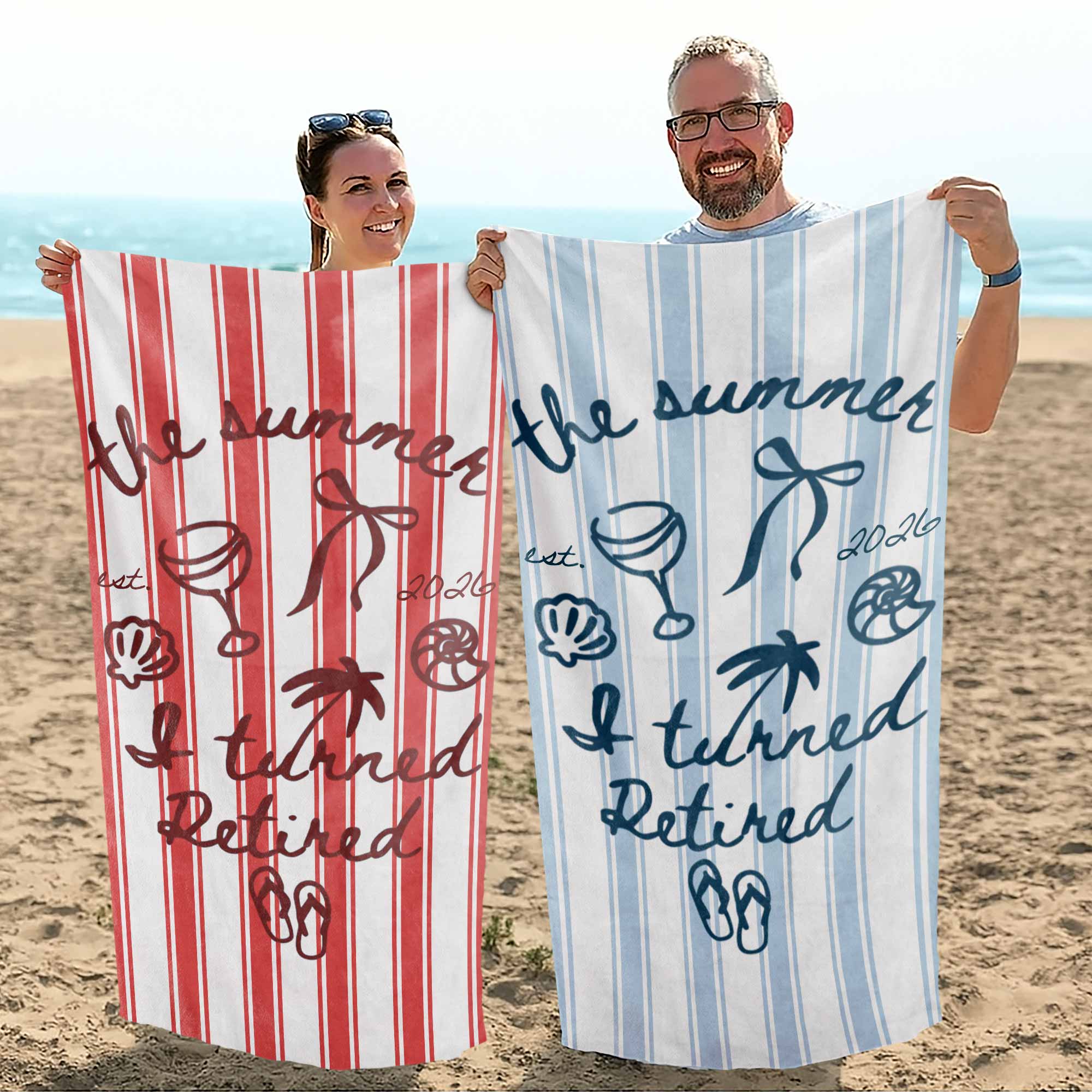 Personalized Beach Towel Custom Name Flip Flops Gift for Retirement