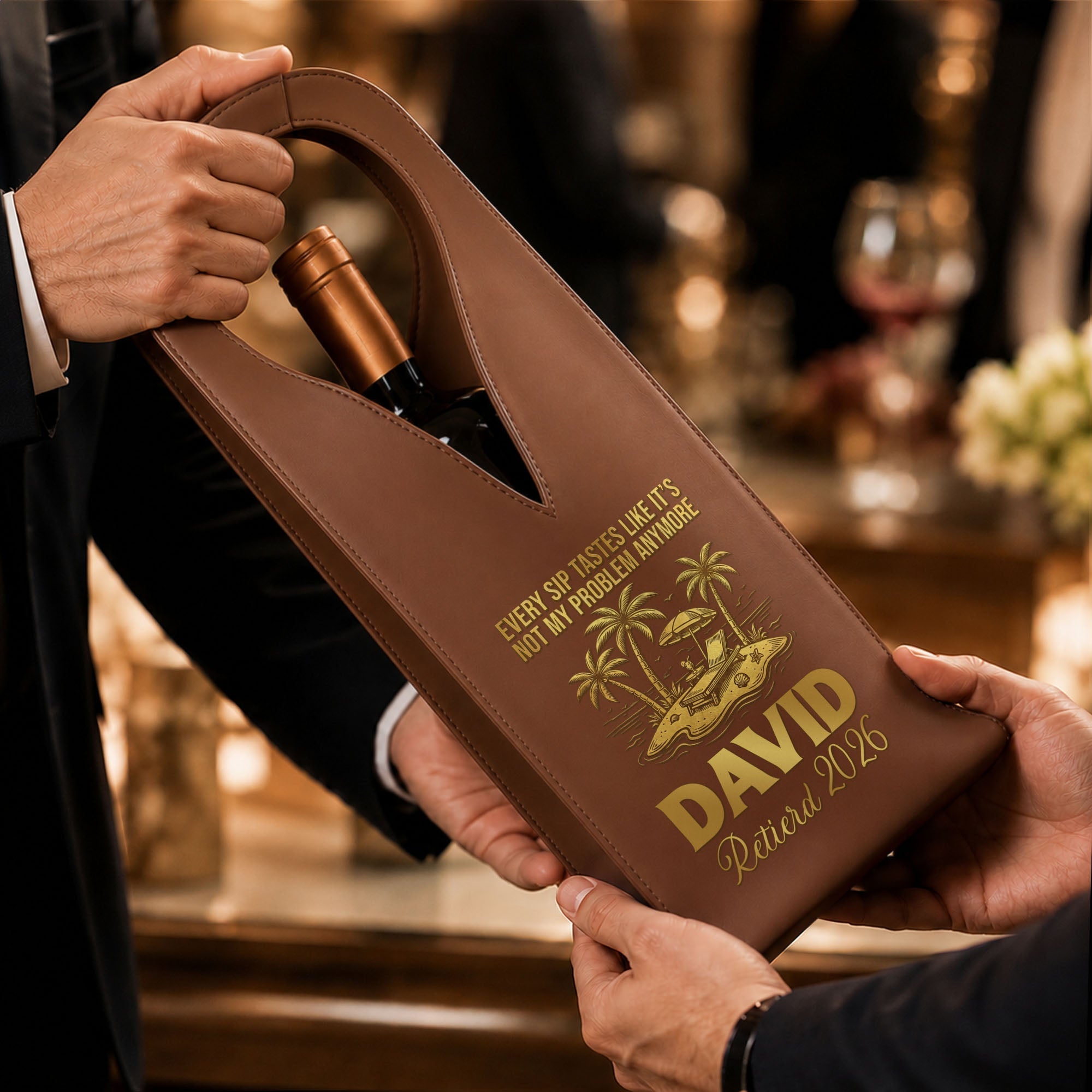 Personalized Leather Wine Bag Custom Name Gift for Retirement