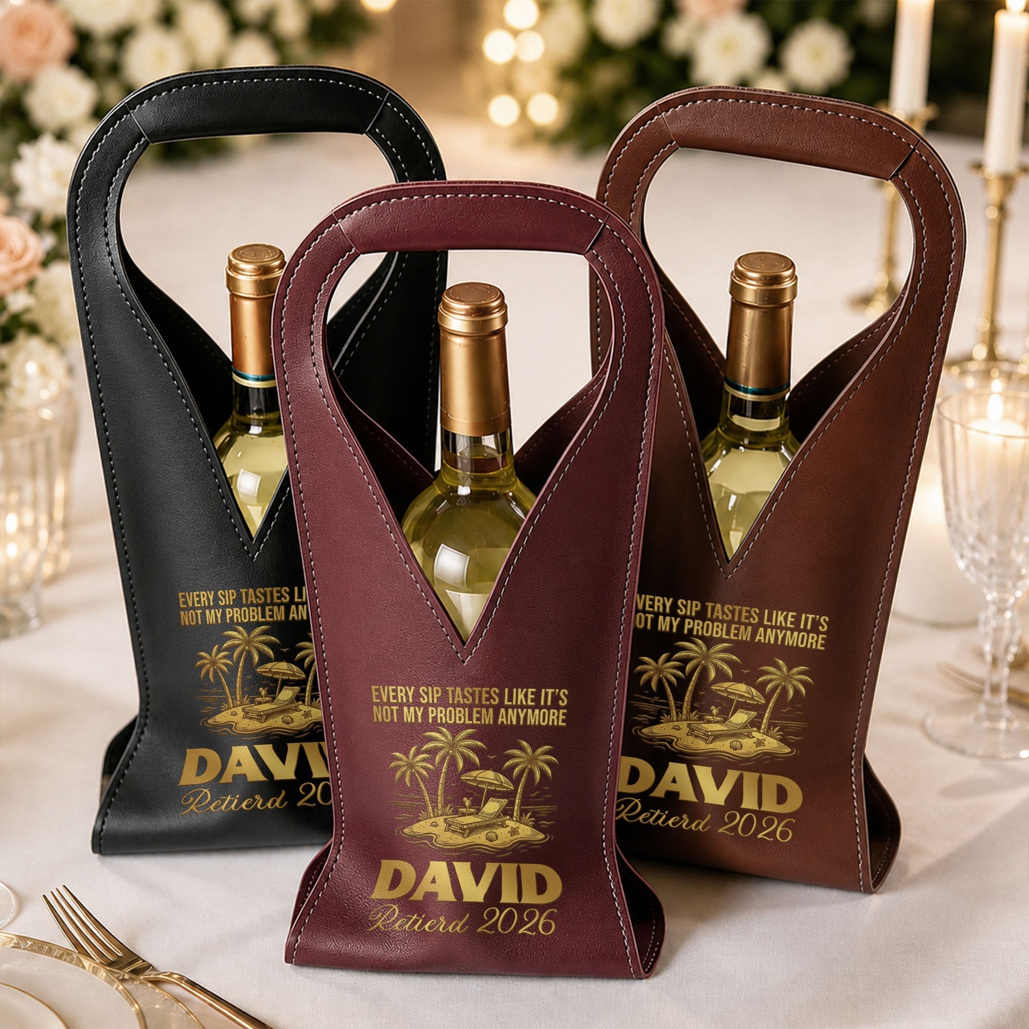 Personalized Leather Wine Bag Custom Name Gift for Retirement