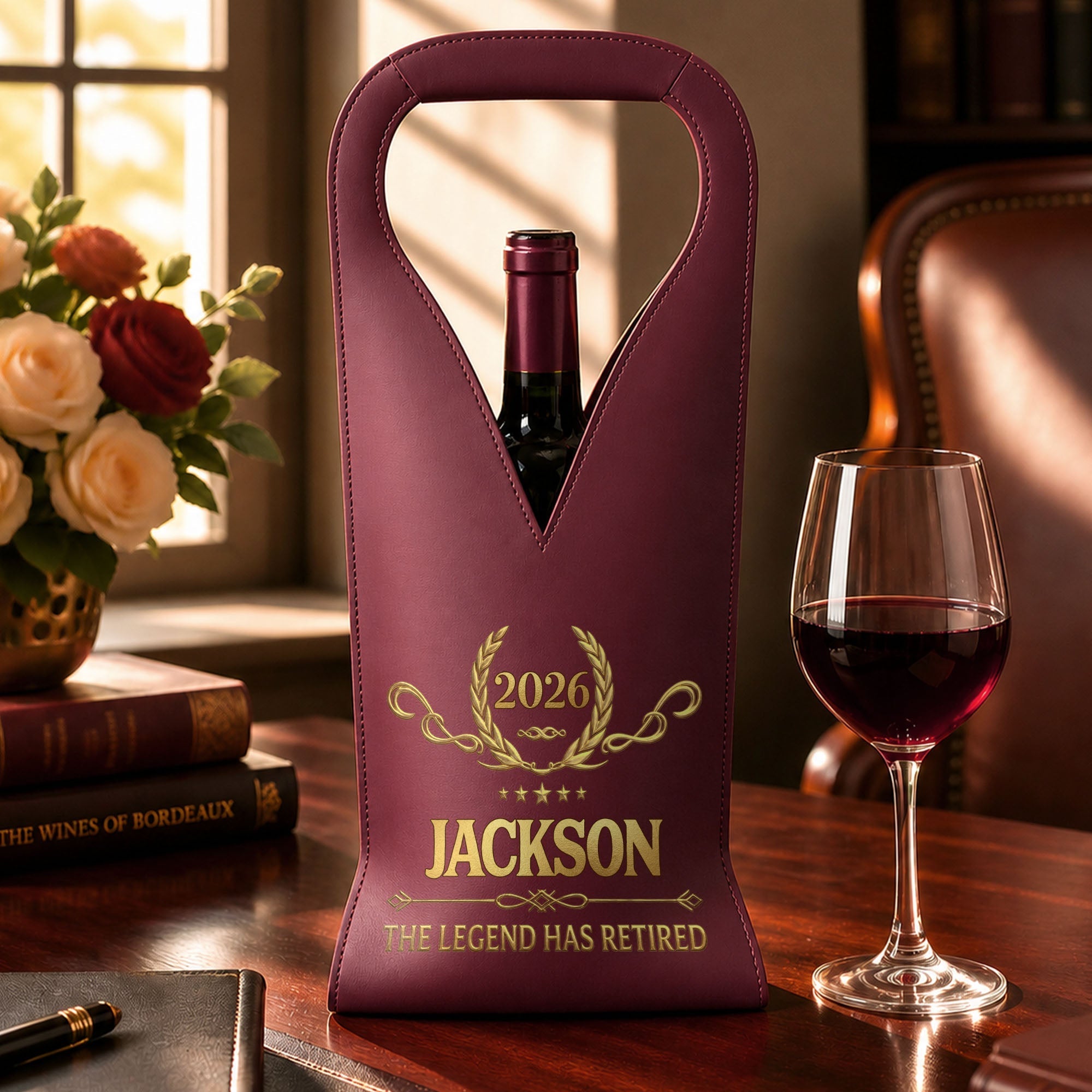 Personalized Leather Wine Bag Custom Name Gift for Retirement