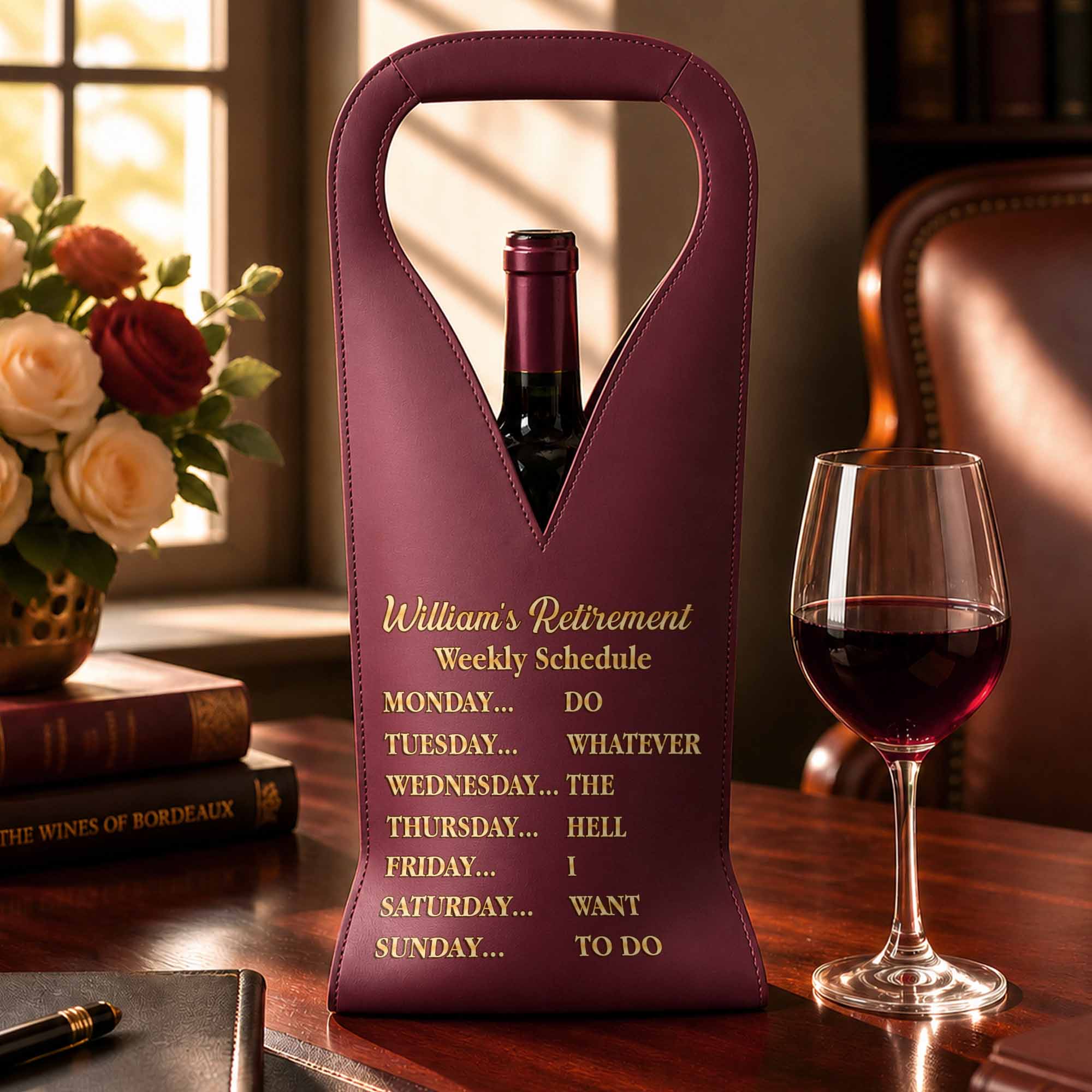Personalized Leather Wine Bag Custom Name Gift for Retirement