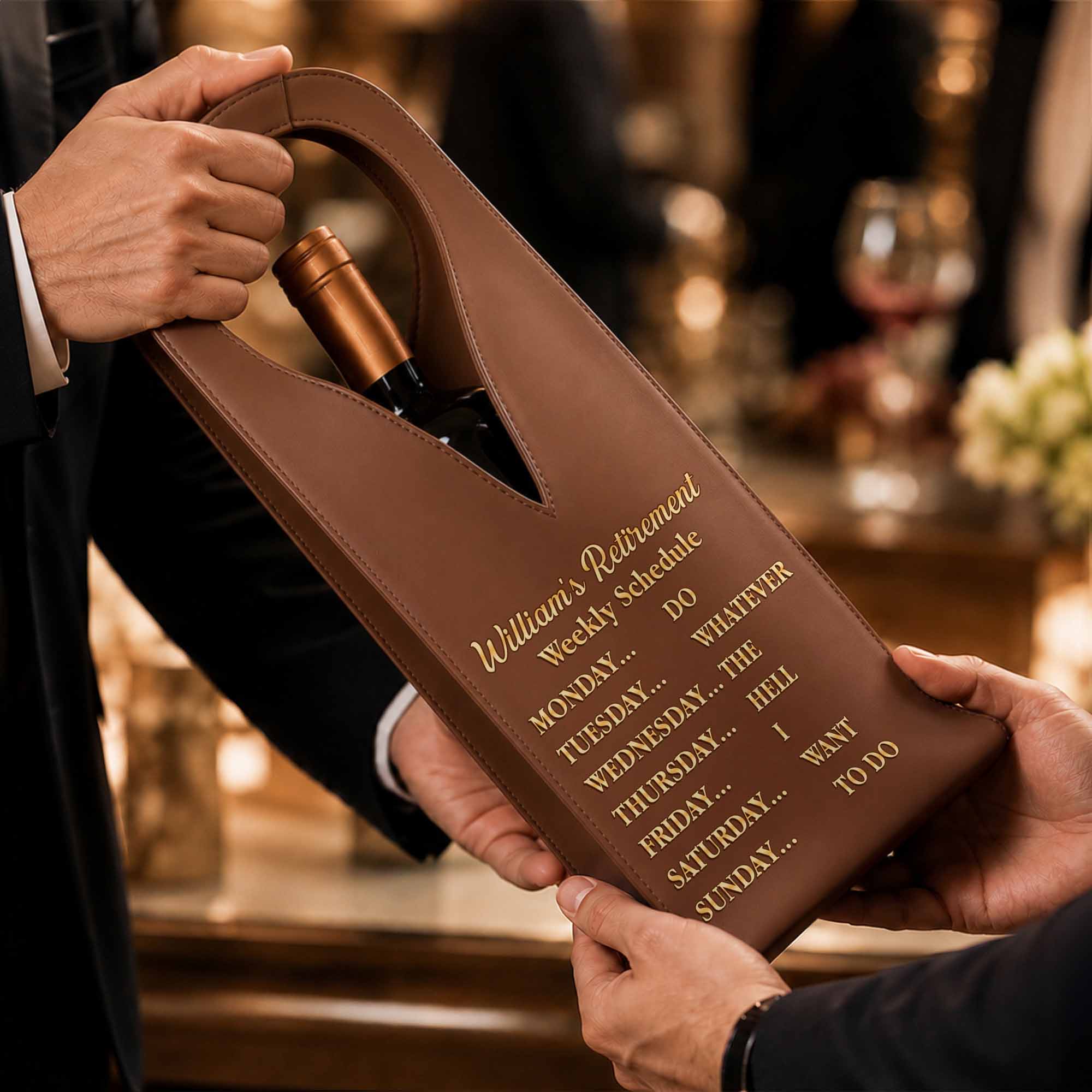 Personalized Leather Wine Bag Custom Name Gift for Retirement