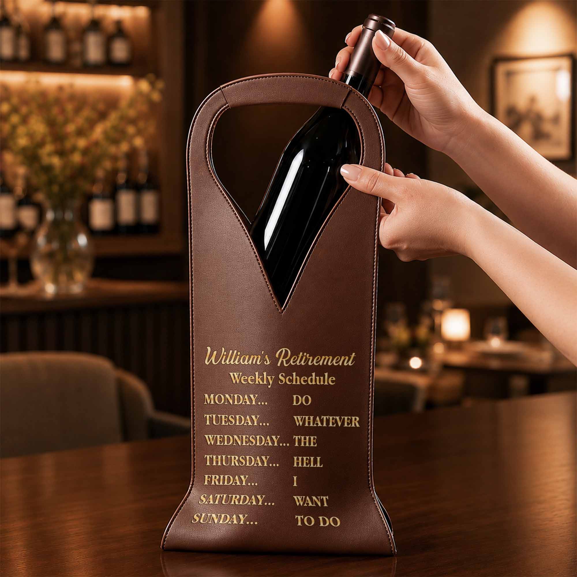 Personalized Leather Wine Bag Custom Name Gift for Retirement