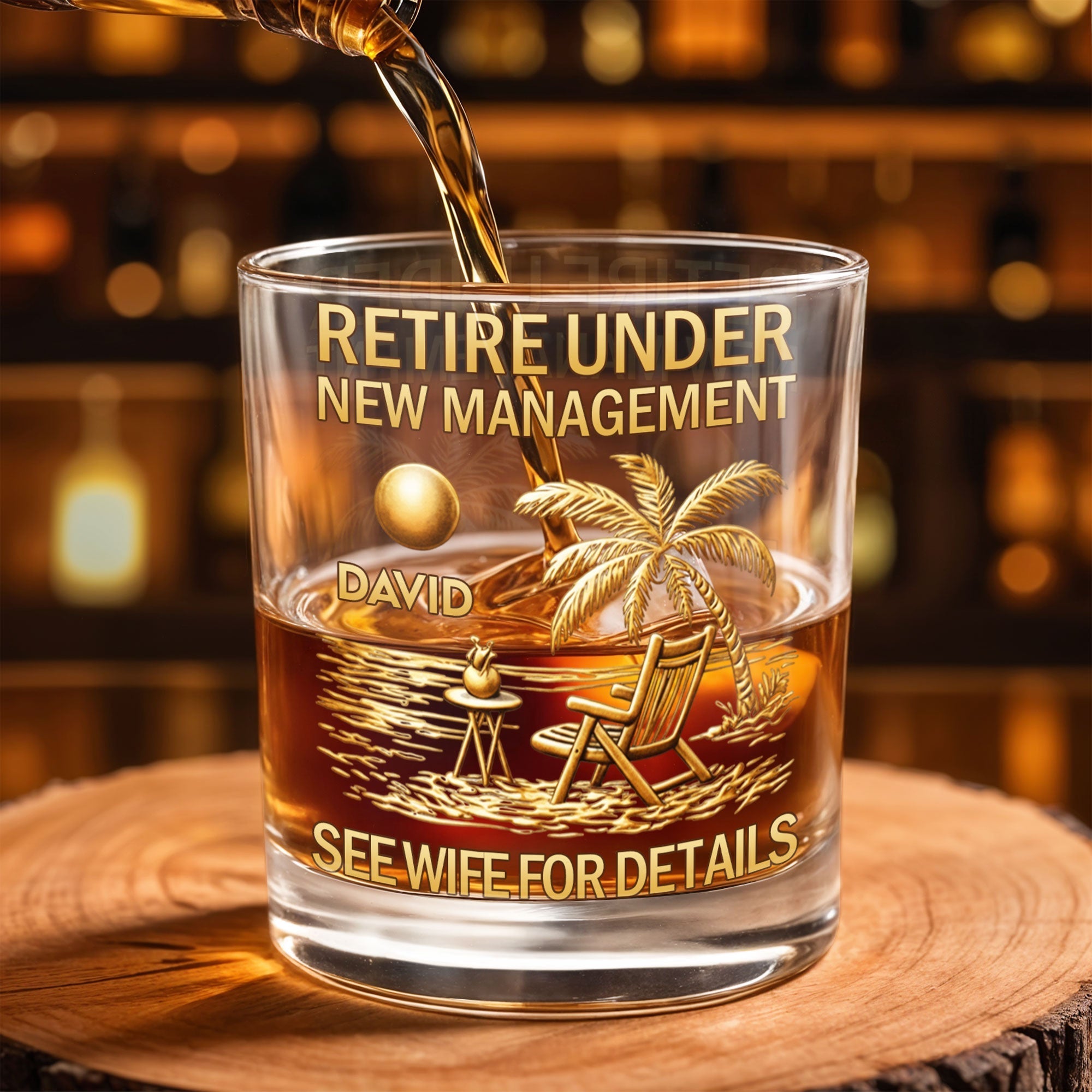 Personalized Whiskey Glass with Beach Scene Custom Name Gift for Retirement