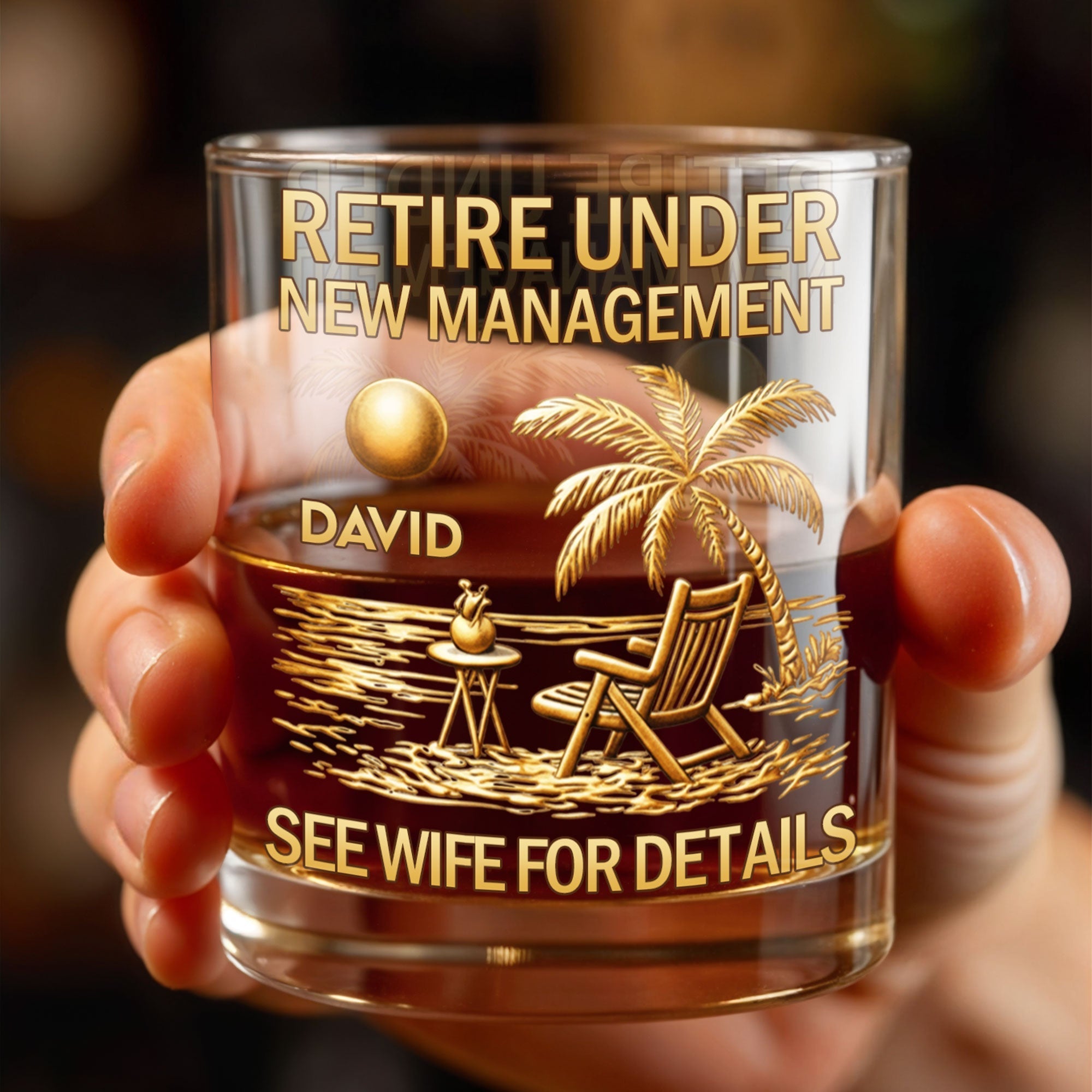 Personalized Whiskey Glass with Beach Scene Custom Name Gift for Retirement