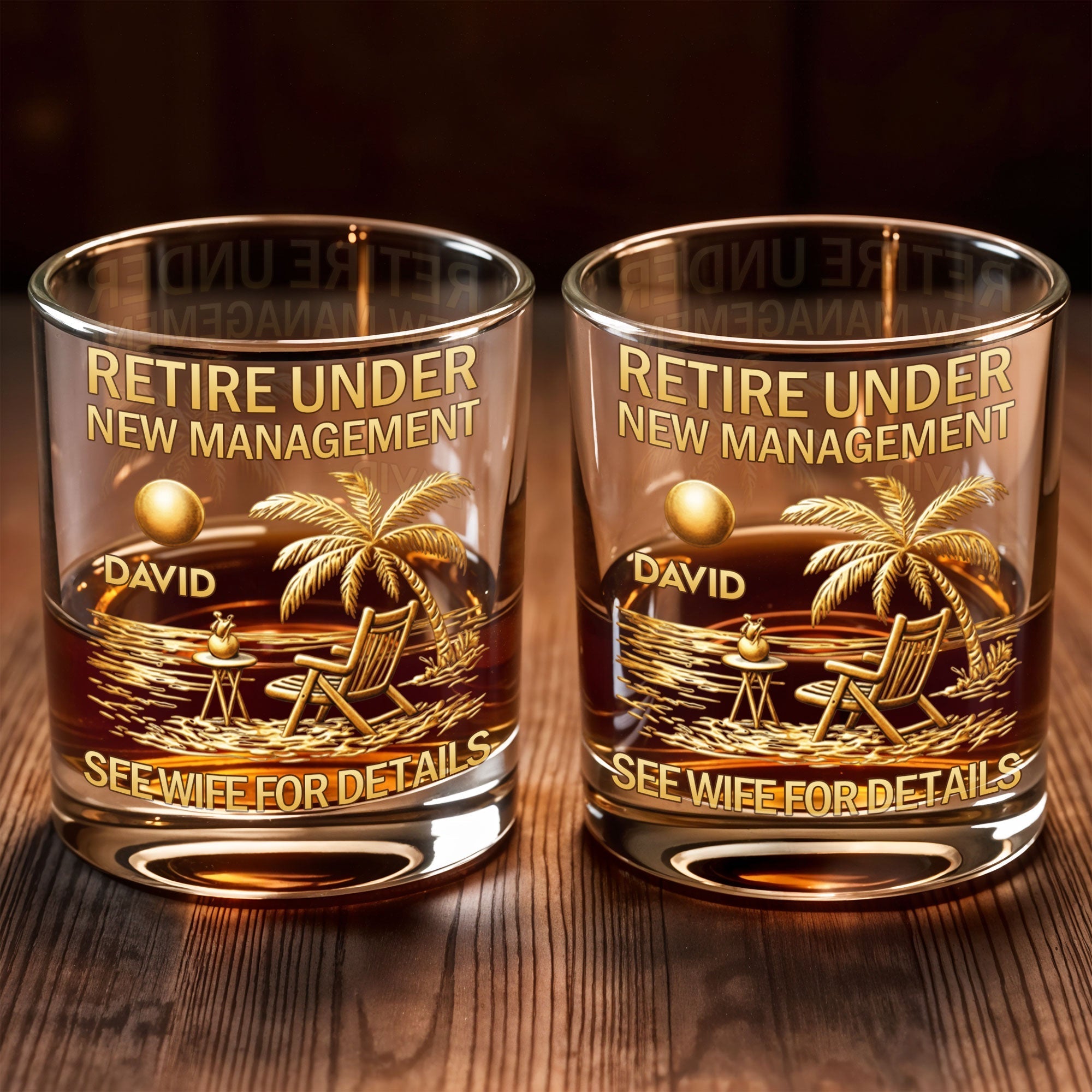 Personalized Whiskey Glass with Beach Scene Custom Name Gift for Retirement