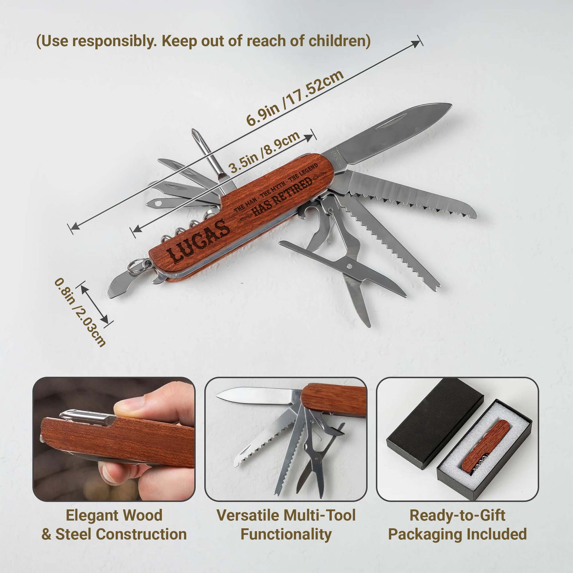 Personalized Wooden Multi Tool Custom Name Gift for Dad Retirement