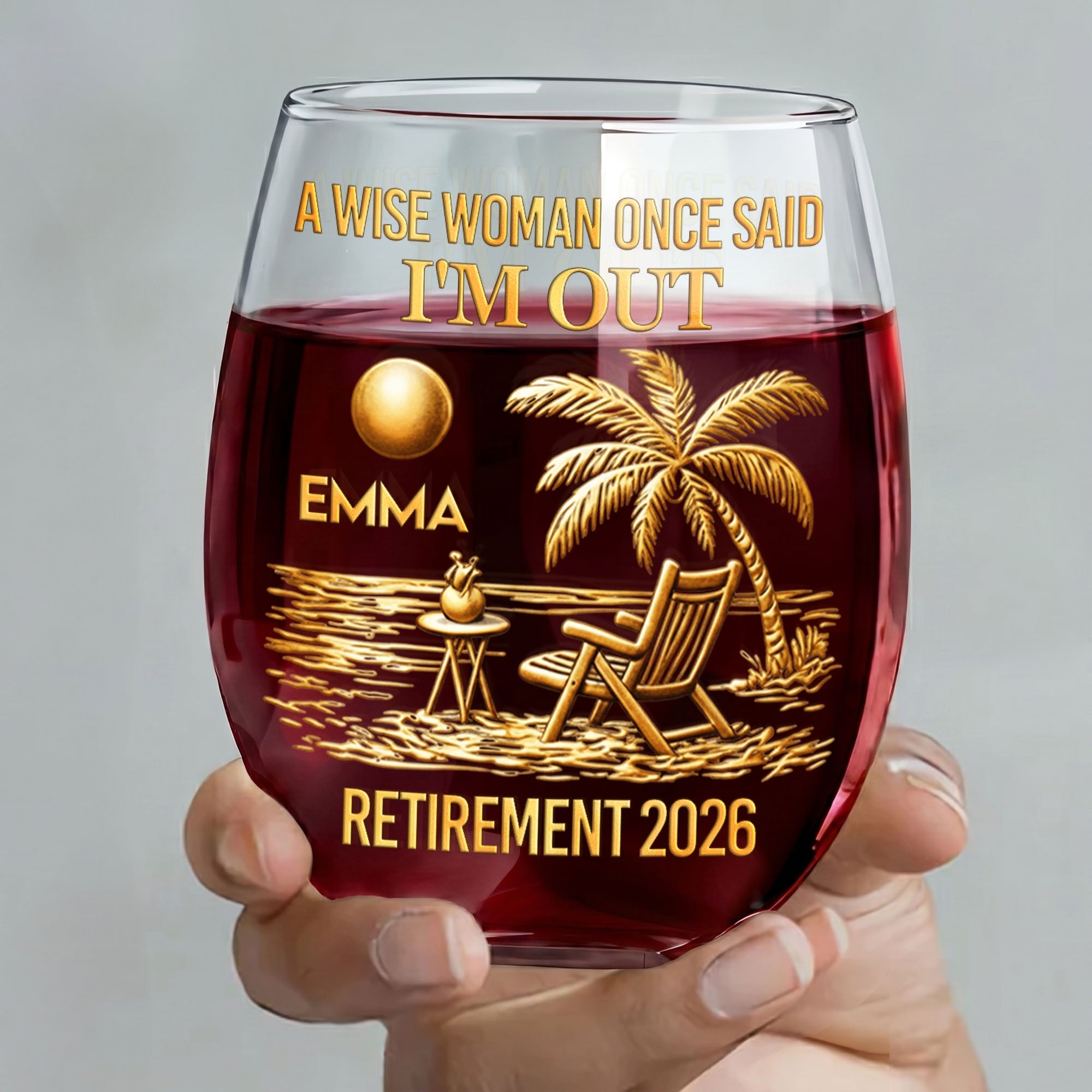 Personalized Stemless Wine Glass Beach Chair Retirement Gift
