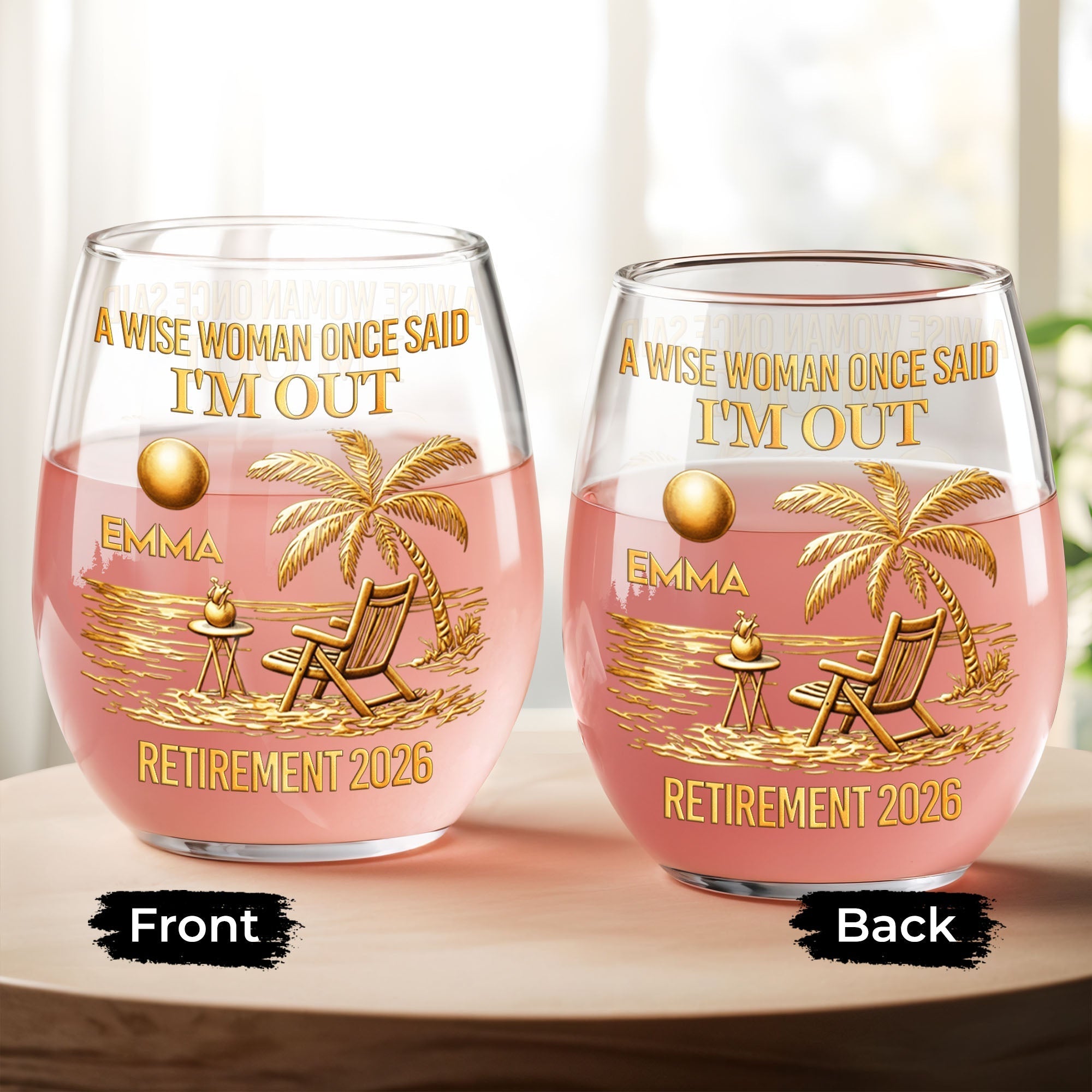 Personalized Stemless Wine Glass Beach Chair Retirement Gift