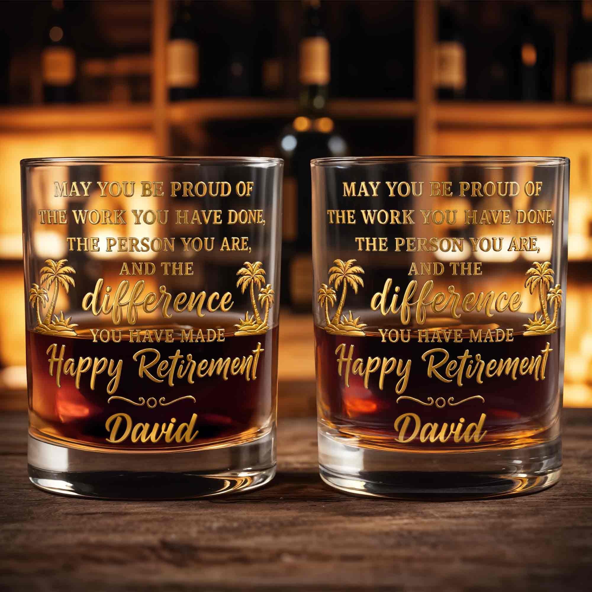 Personalized Custom Whiskey Glass with Palm Trees Gift for Retirement
