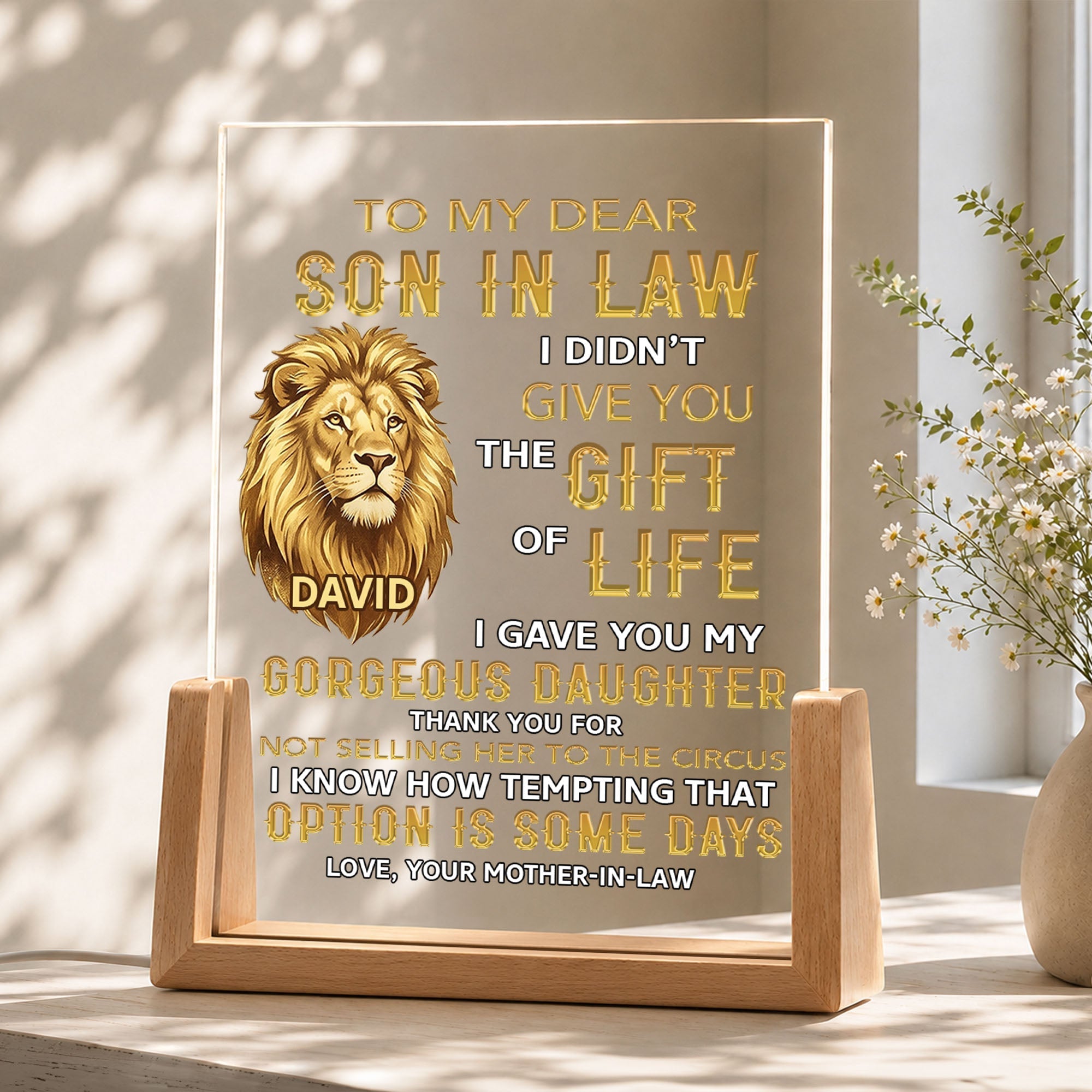 Personalized Acrylic Night Light for Son-in-Law with Wood Base