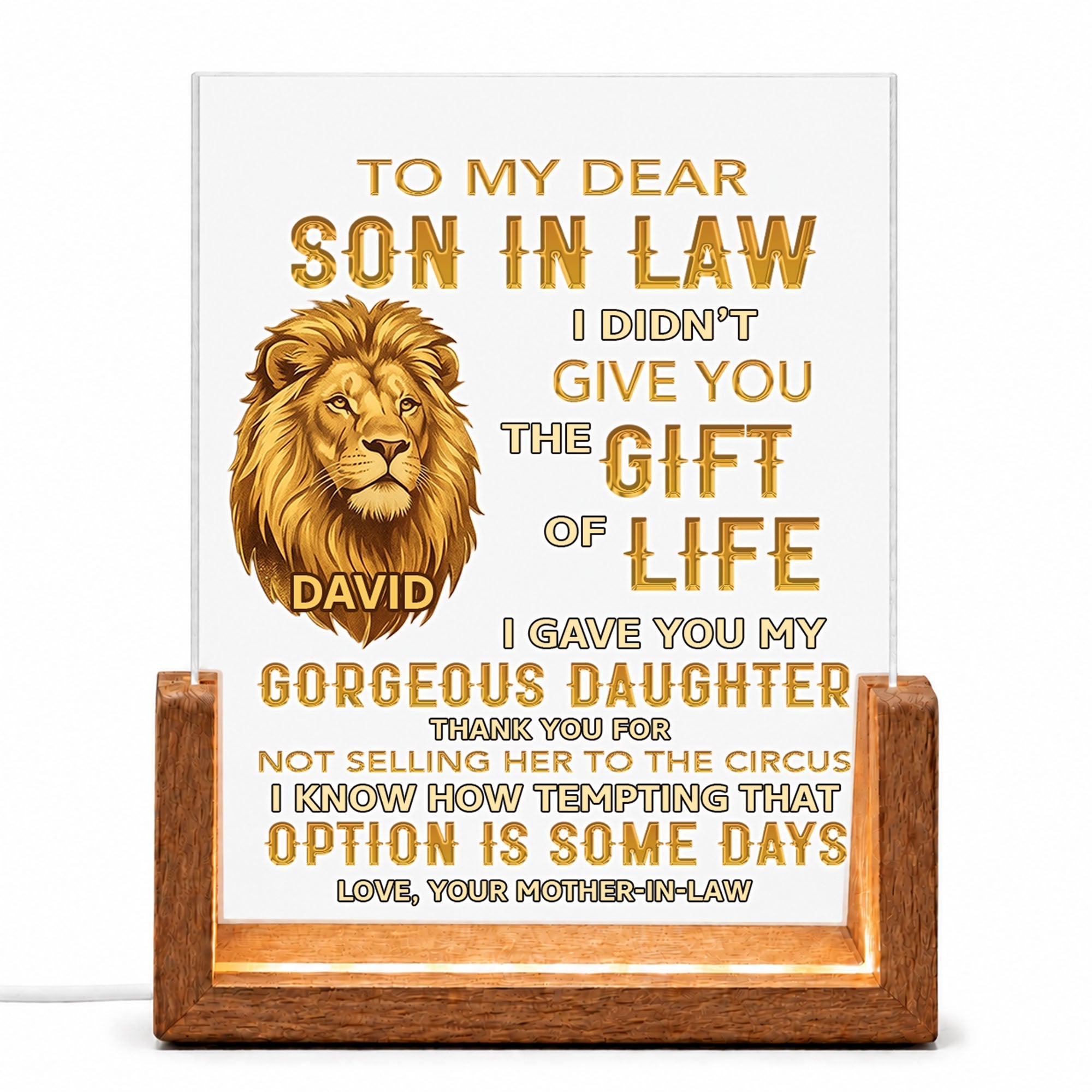 Personalized Acrylic Night Light for Son-in-Law with Wood Base