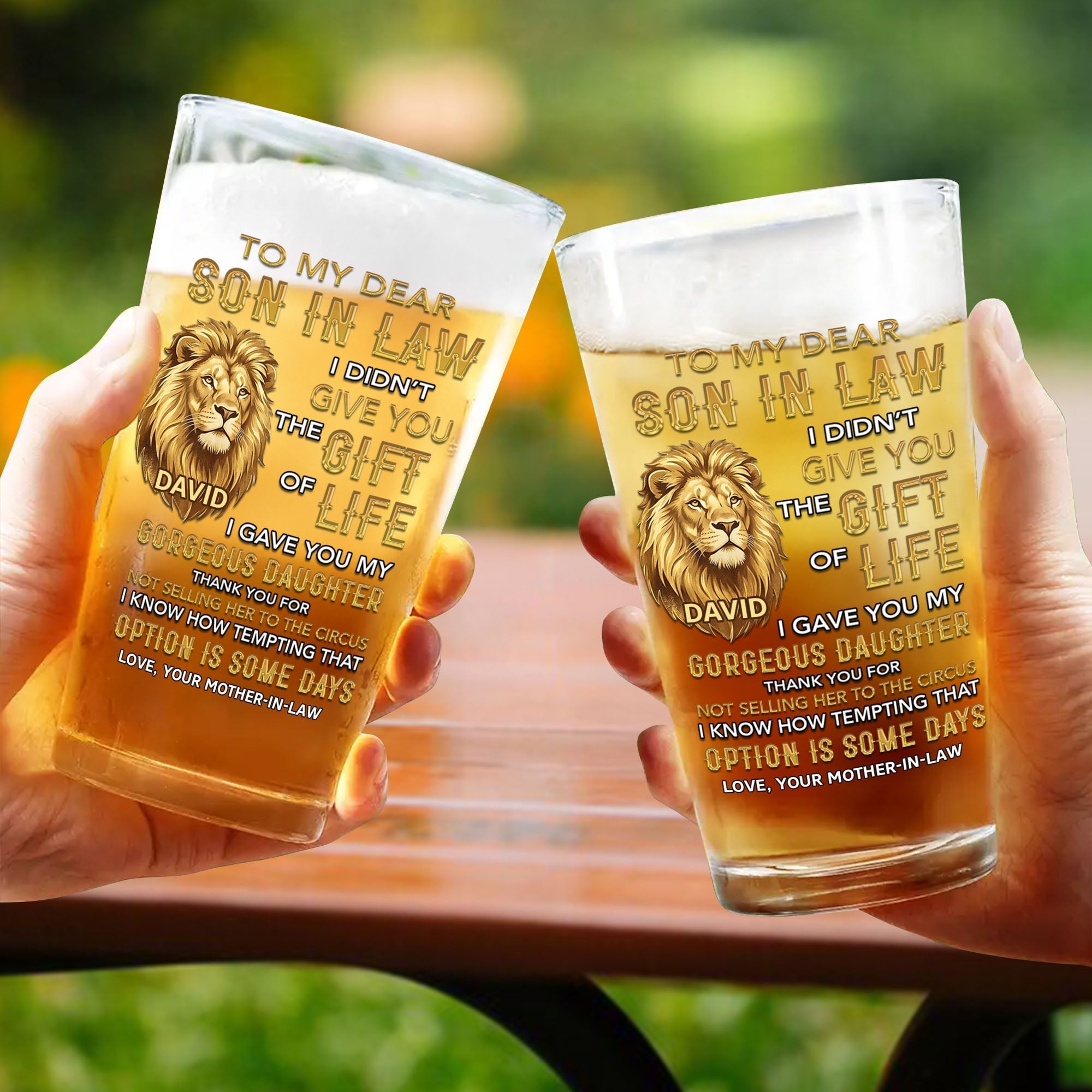 Personalized Custom Beer Glass Gift for Son-In-Law - Lion Message
