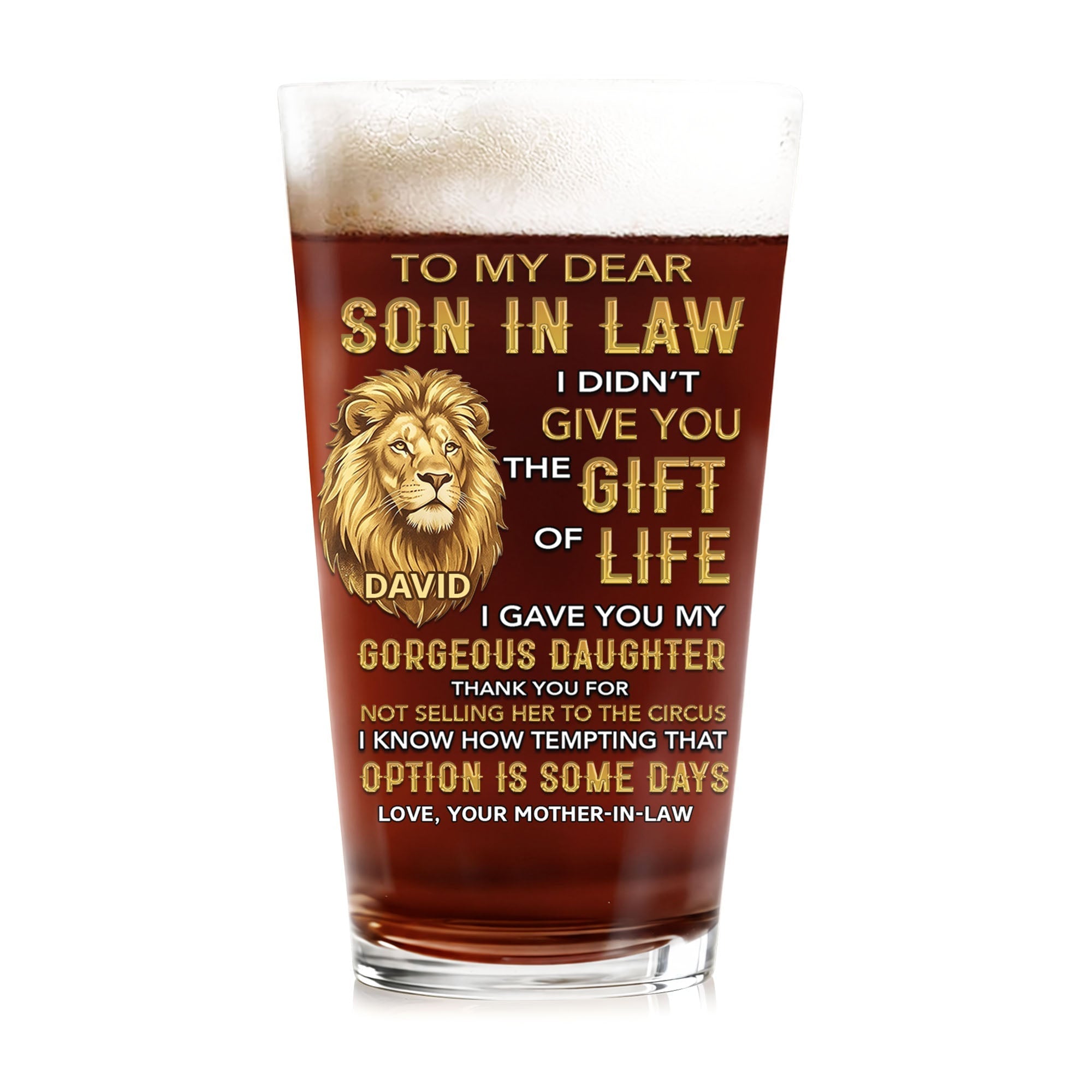 Personalized Custom Beer Glass Gift for Son-In-Law - Lion Message