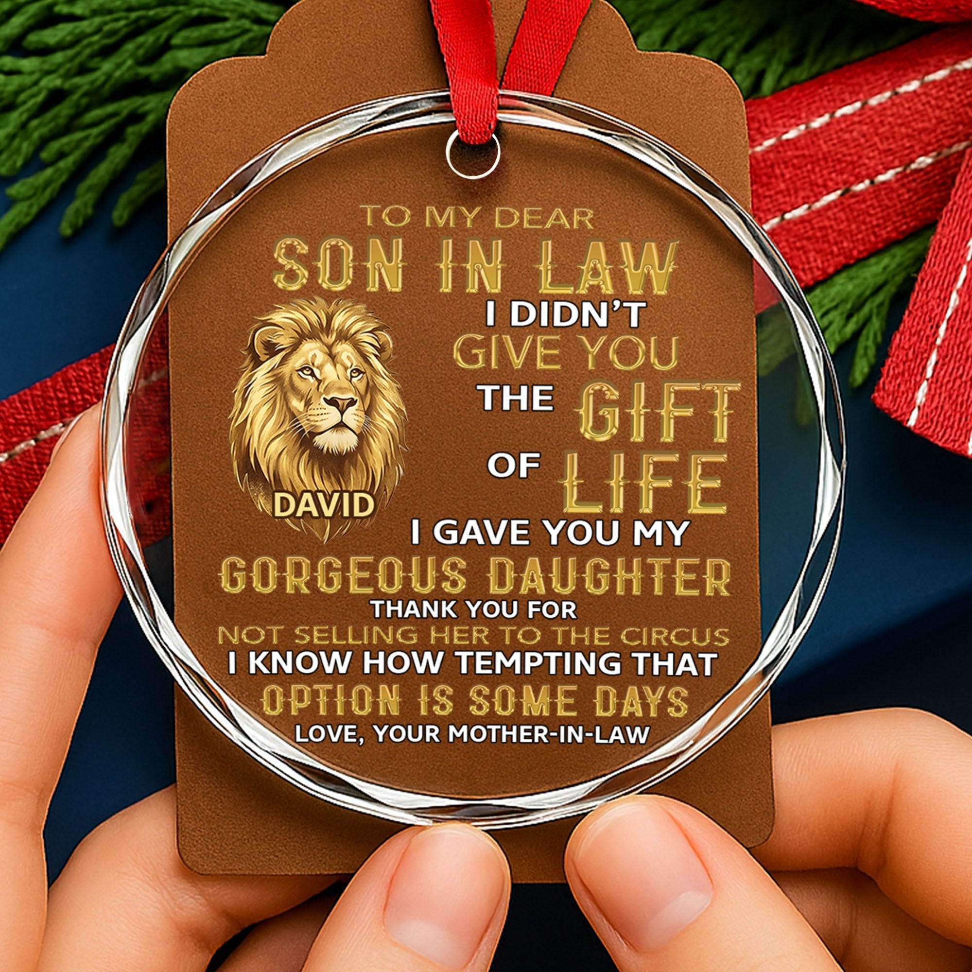 Personalized Glass Circle Ornament Gift for Son-in-Law - Lion Art