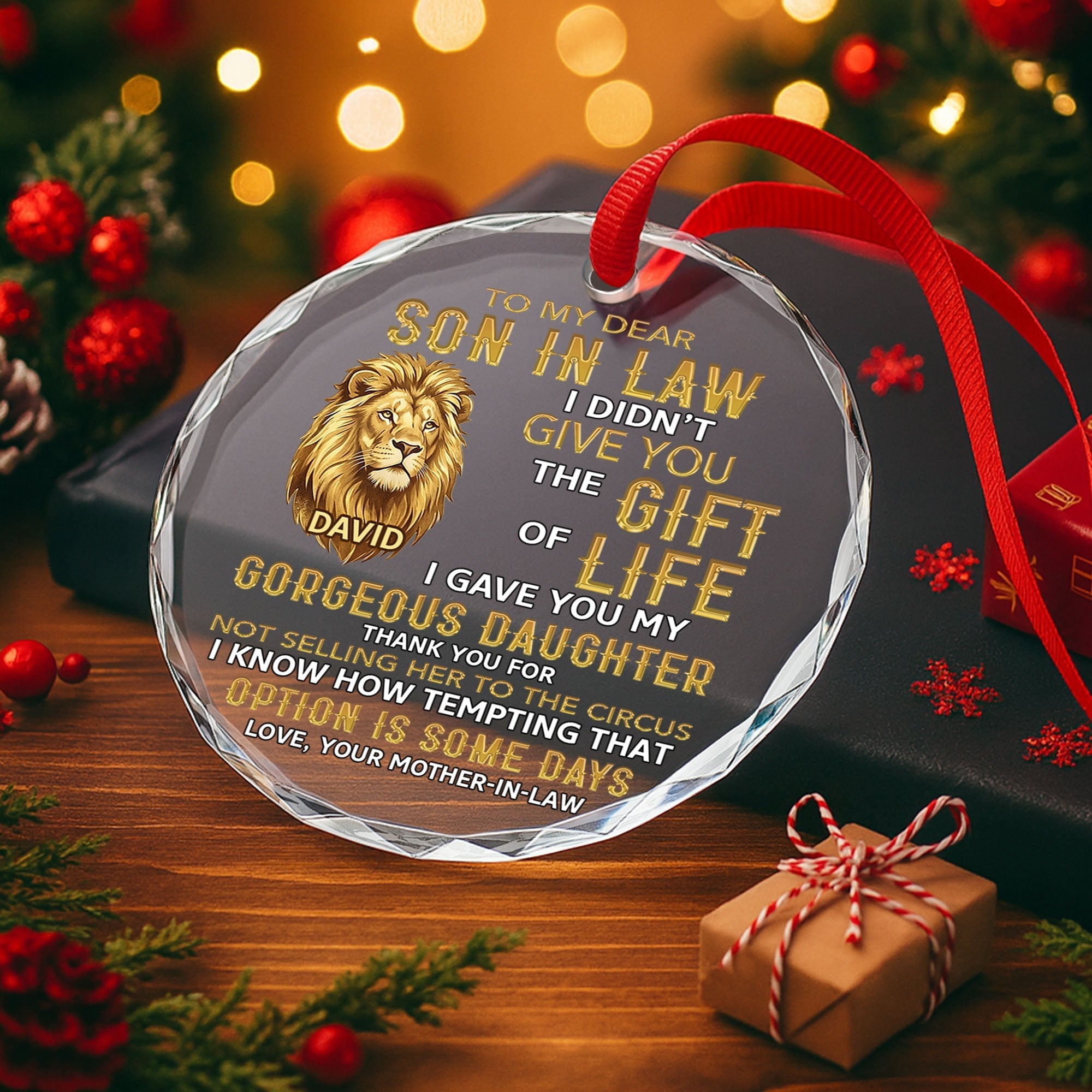 Personalized Glass Circle Ornament Gift for Son-in-Law - Lion Art