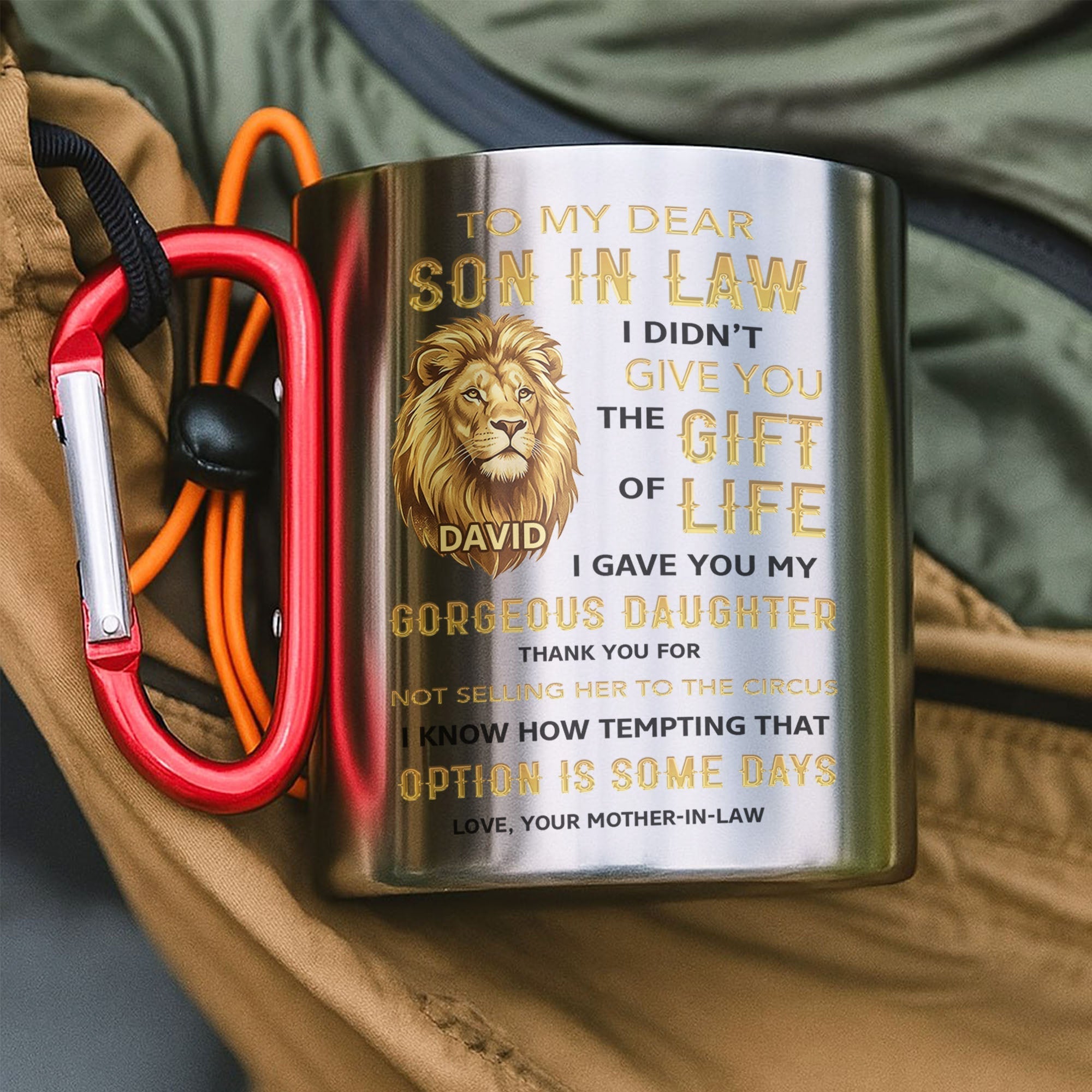 Personalized Stainless Steel Carabiner Mug Gift for Son-in-Law