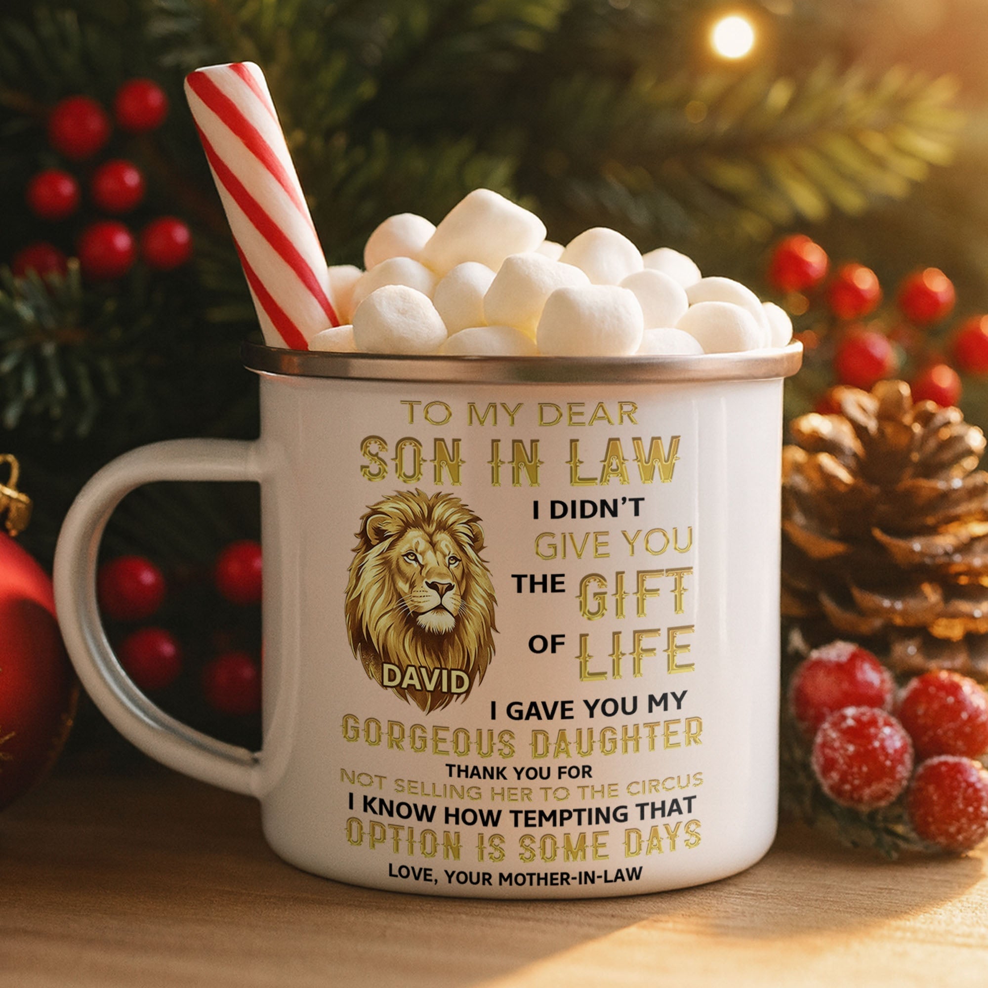Personalized Enamel Mug Custom Name Lion Design Gift for Son-in-Law
