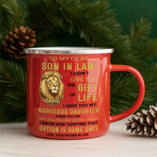 Load image into Gallery viewer, Personalized Enamel Mug Custom Name Lion Design Gift for Son-in-Law
