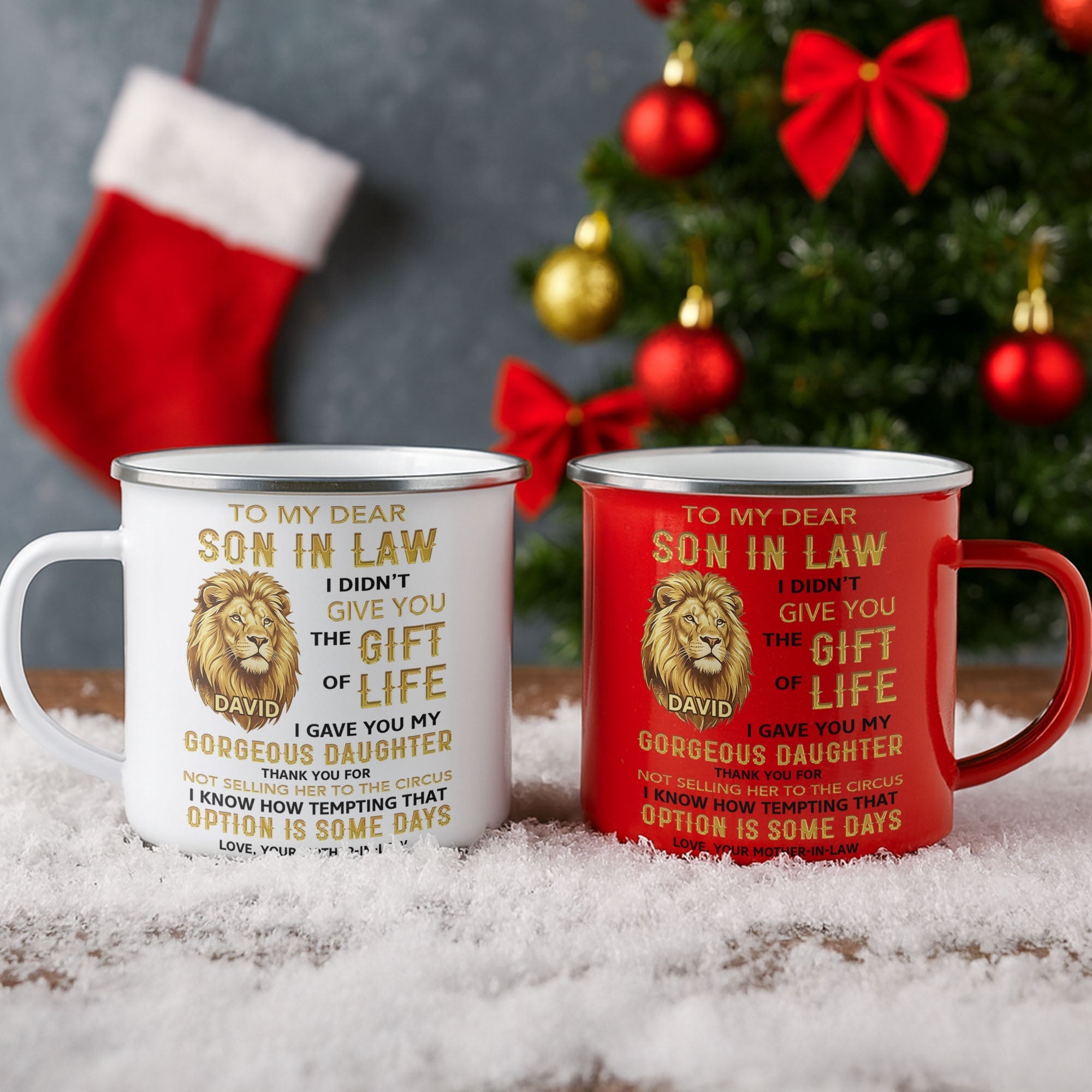 Personalized Enamel Mug Custom Name Lion Design Gift for Son-in-Law