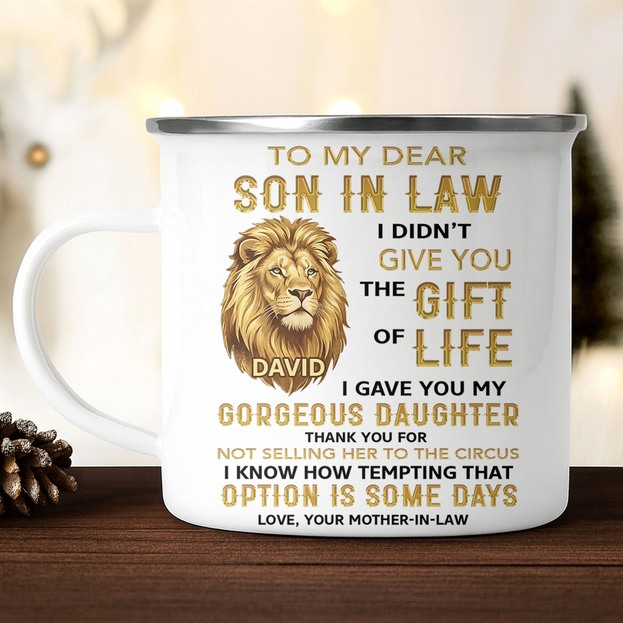 Personalized Enamel Mug Custom Name Lion Design Gift for Son-in-Law