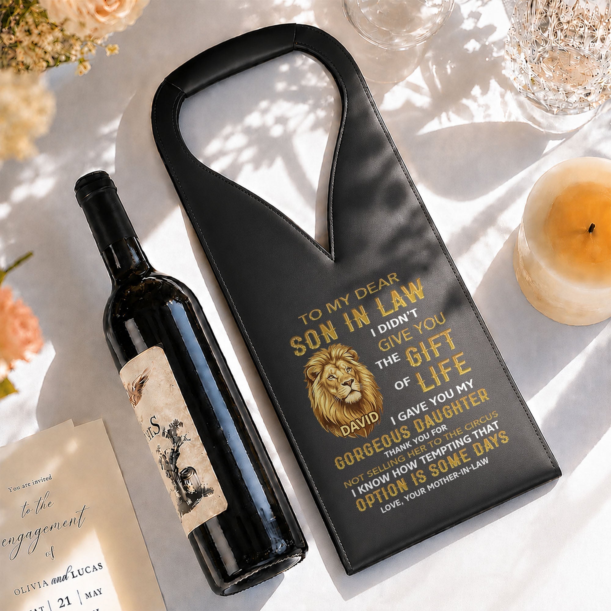 Personalized Leather Wine Bag Custom Name Gift for Son-in-Law
