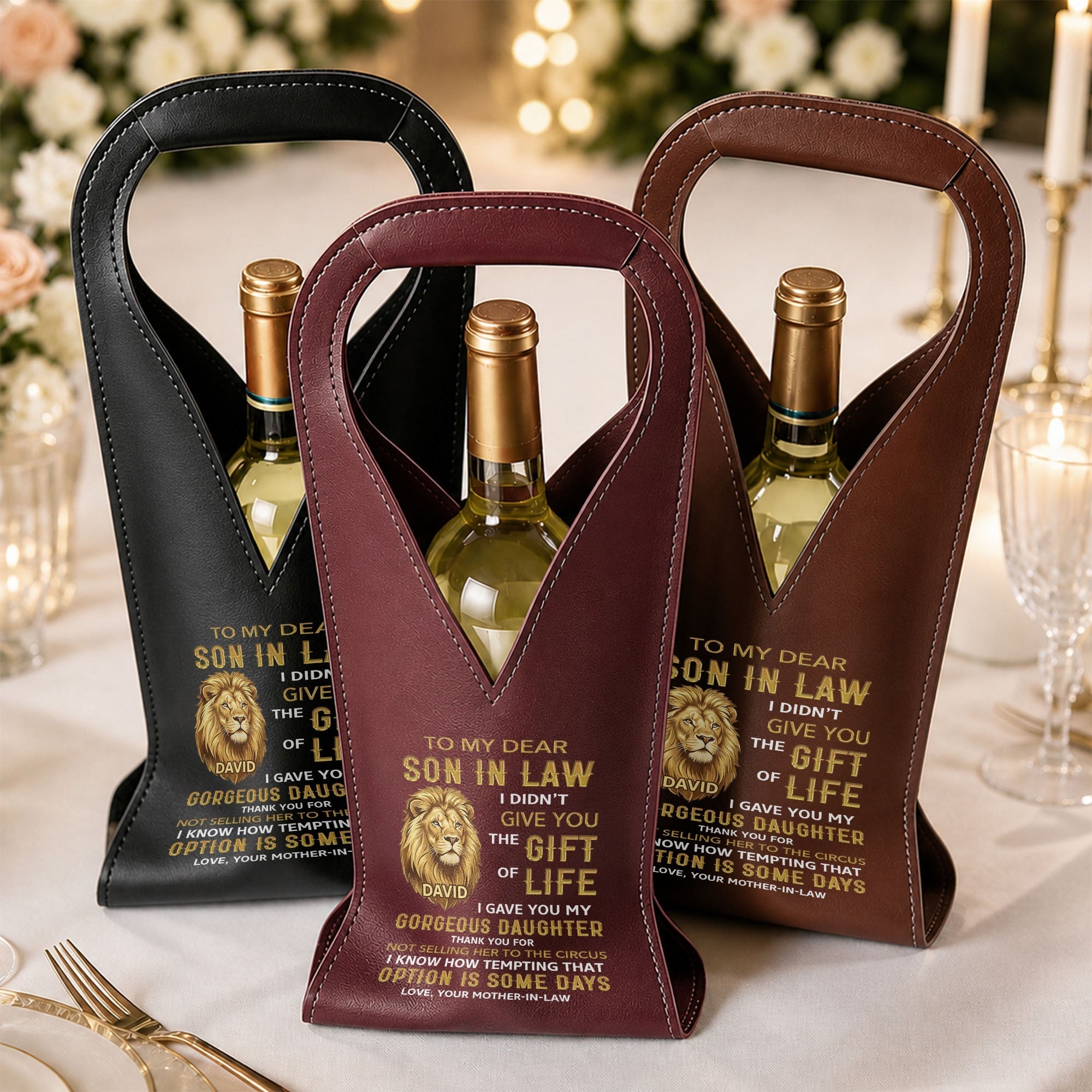 Personalized Leather Wine Bag Custom Name Gift for Son-in-Law