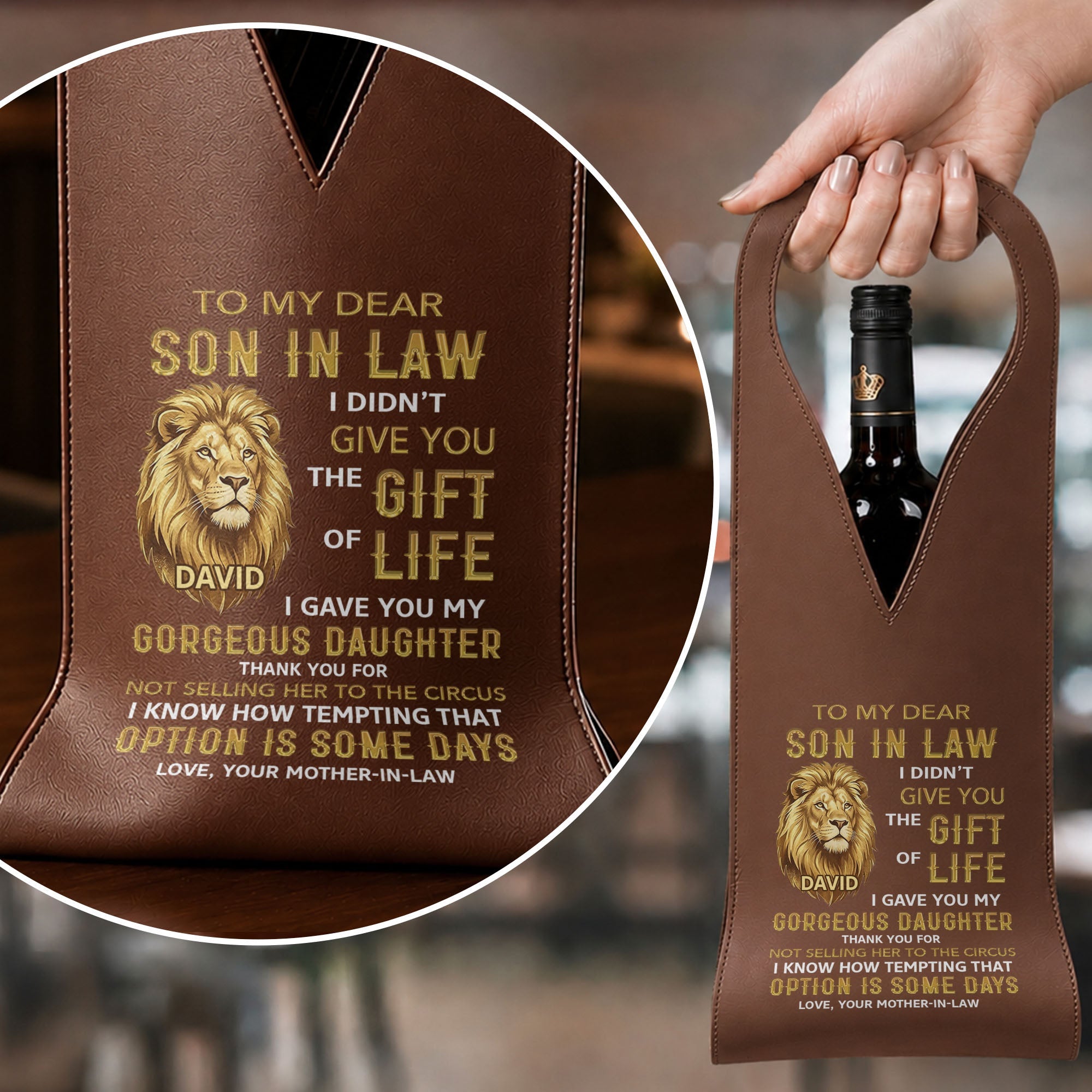 Personalized Leather Wine Bag Custom Name Gift for Son-in-Law