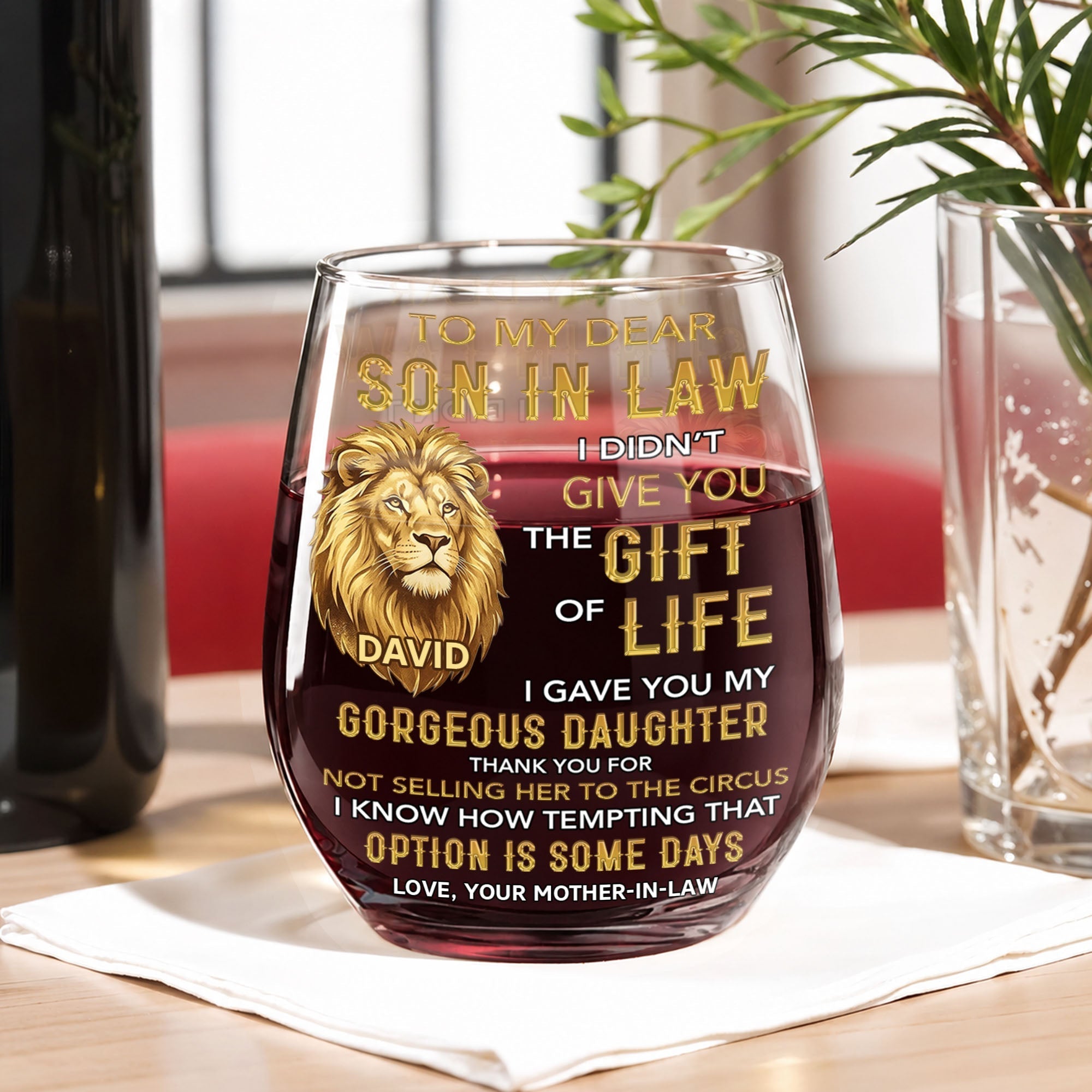 Personalized Stemless Wine Glass Custom Name Gift for Son-in-Law