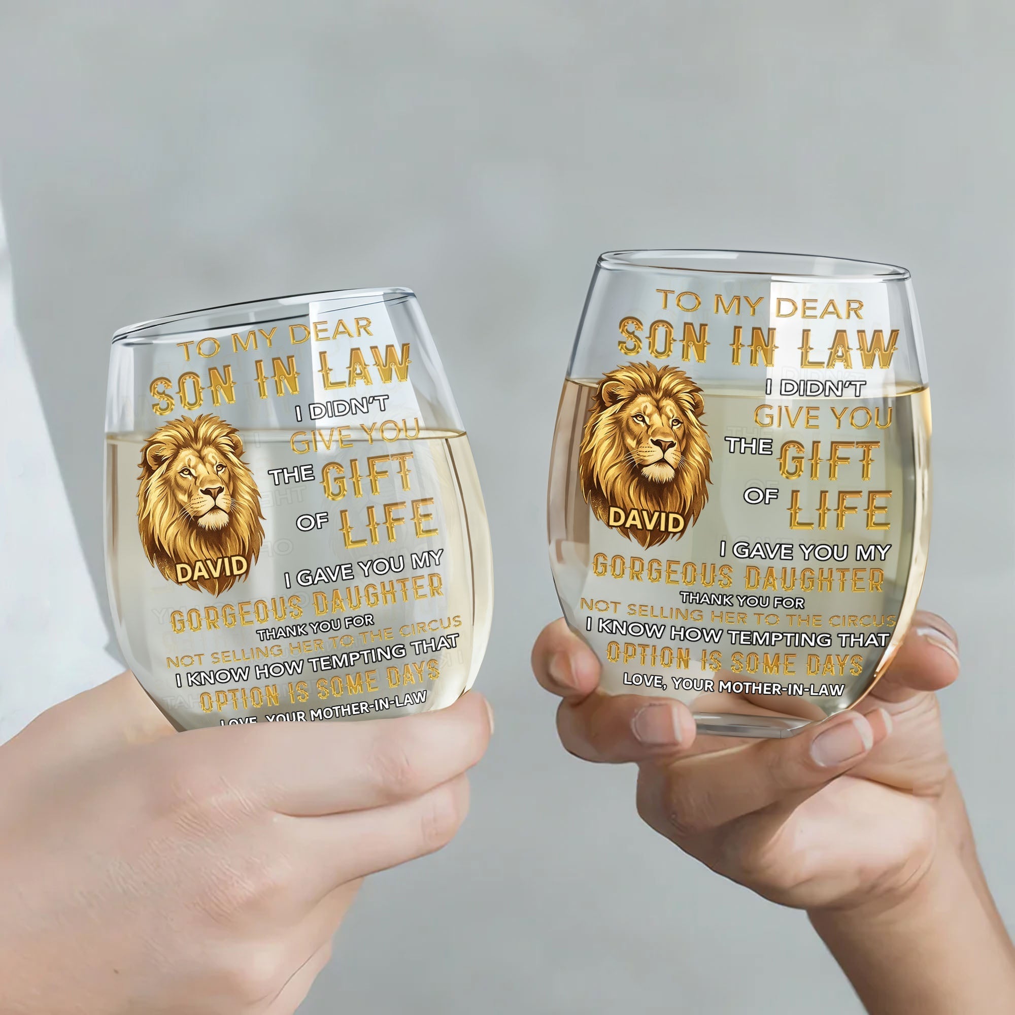 Personalized Stemless Wine Glass Custom Name Gift for Son-in-Law