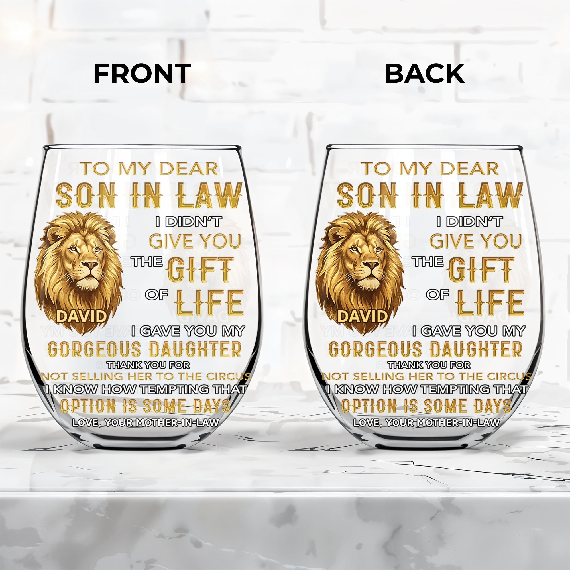 Personalized Stemless Wine Glass Custom Name Gift for Son-in-Law