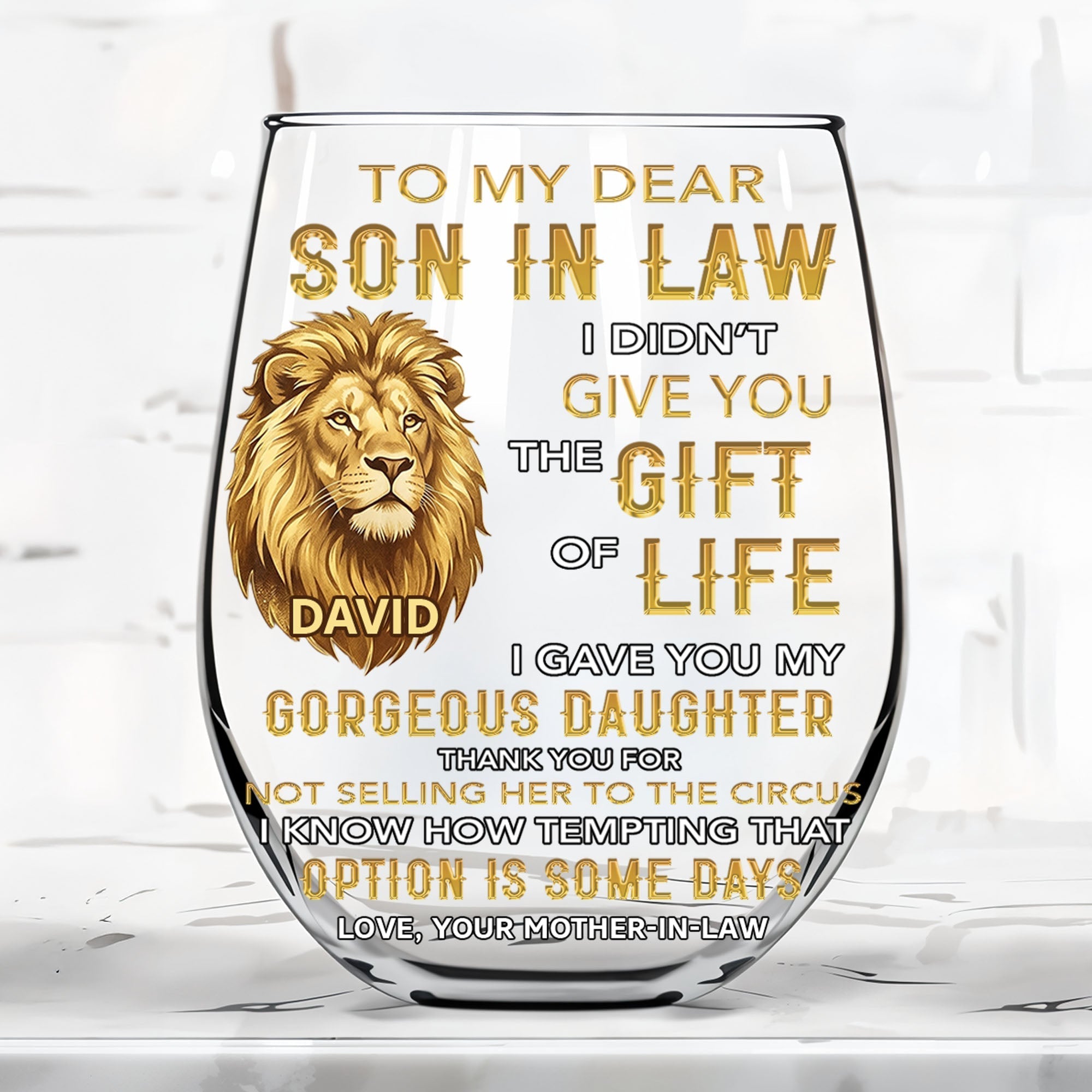 Personalized Stemless Wine Glass Custom Name Gift for Son-in-Law