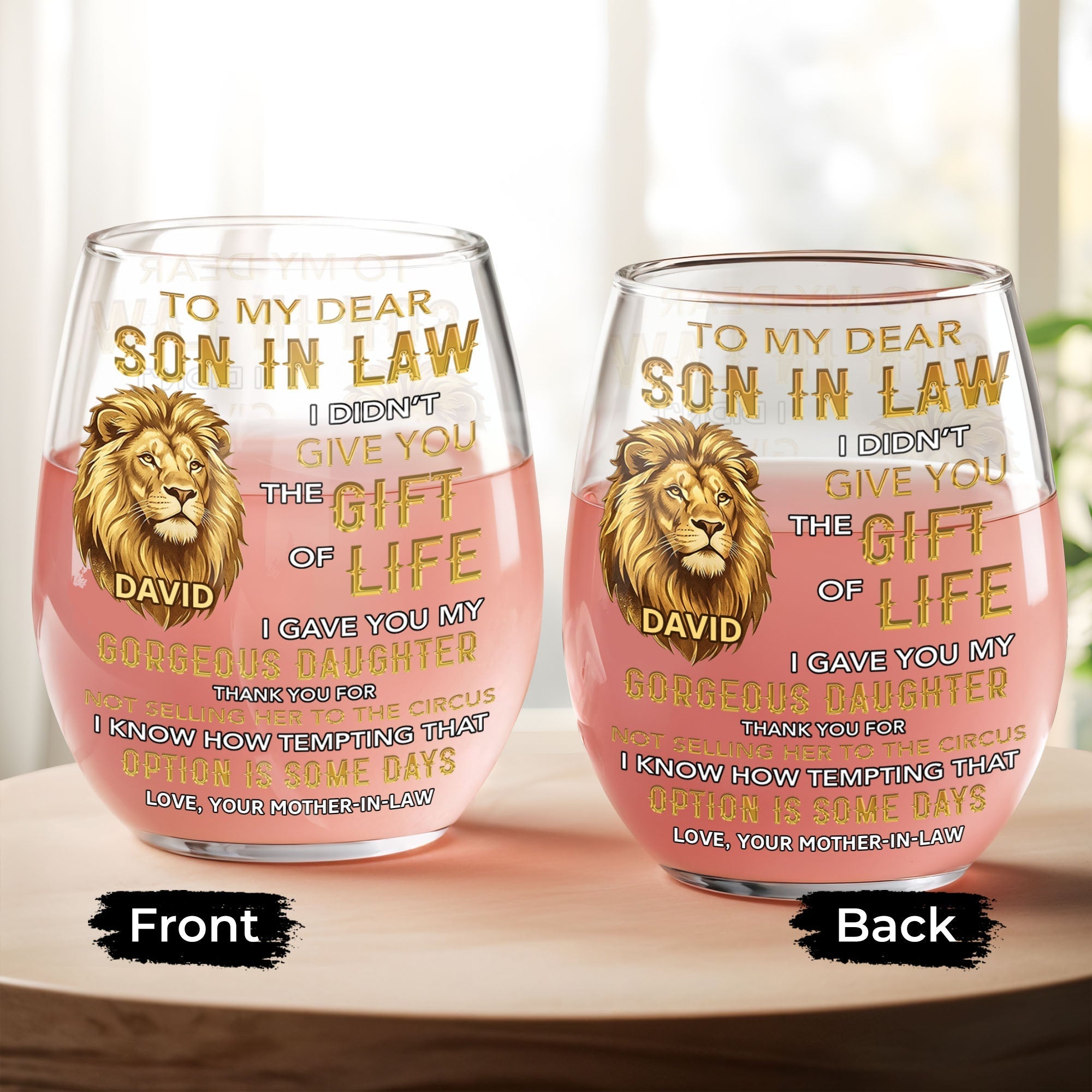 Personalized Stemless Wine Glass Custom Name Gift for Son-in-Law