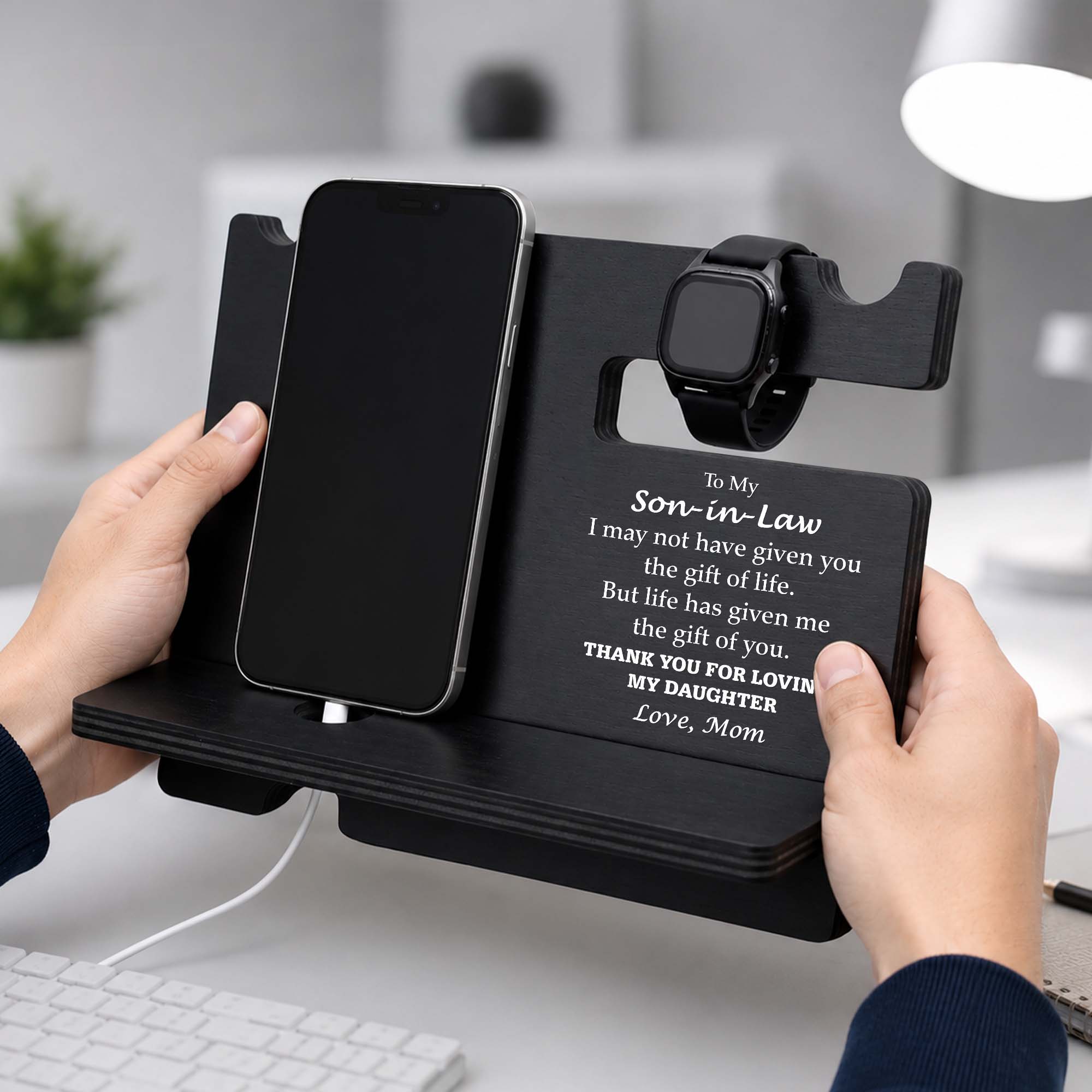 Personalized Wooden Phone Docking Station Gift for Son-in-Law