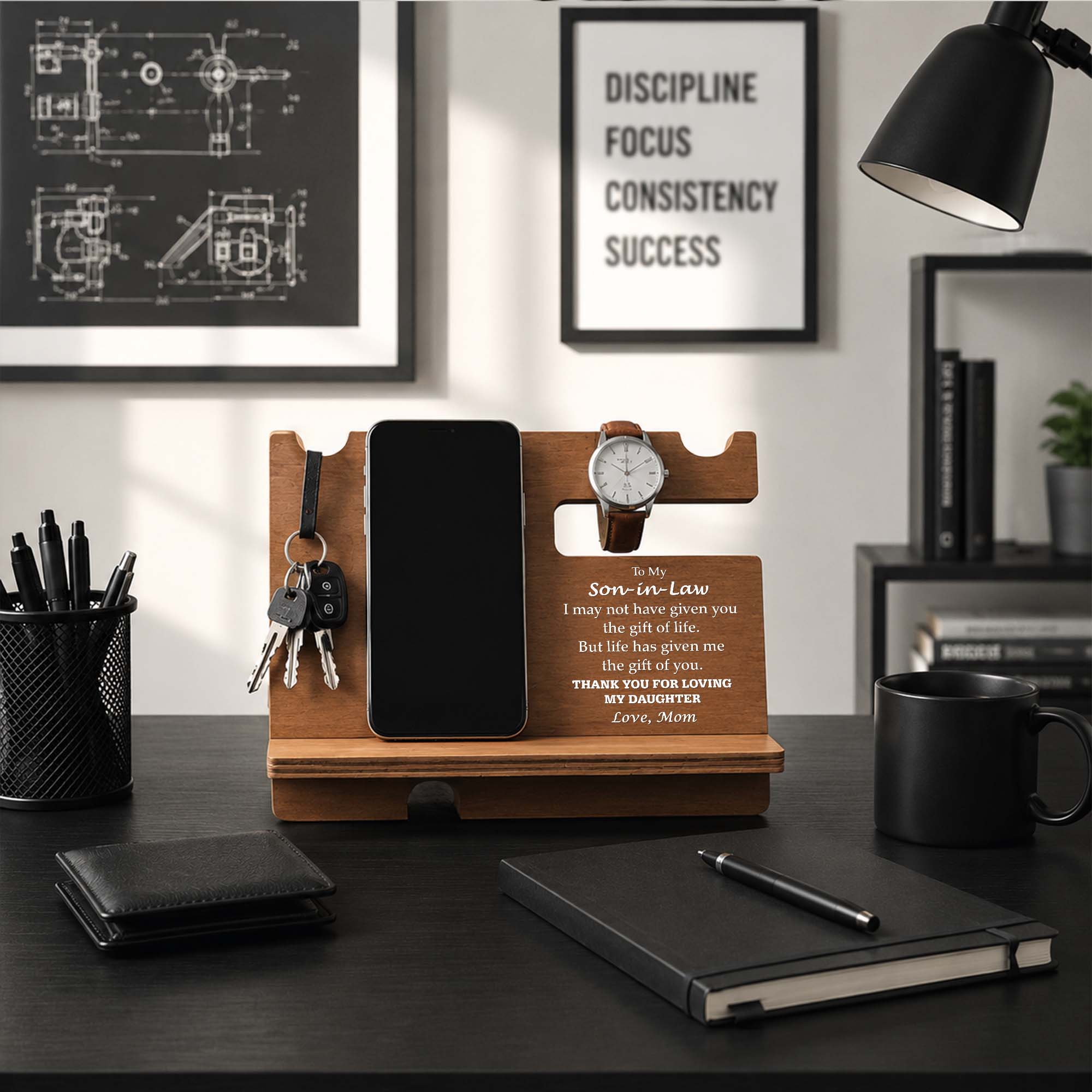 Personalized Wooden Phone Docking Station Gift for Son-in-Law