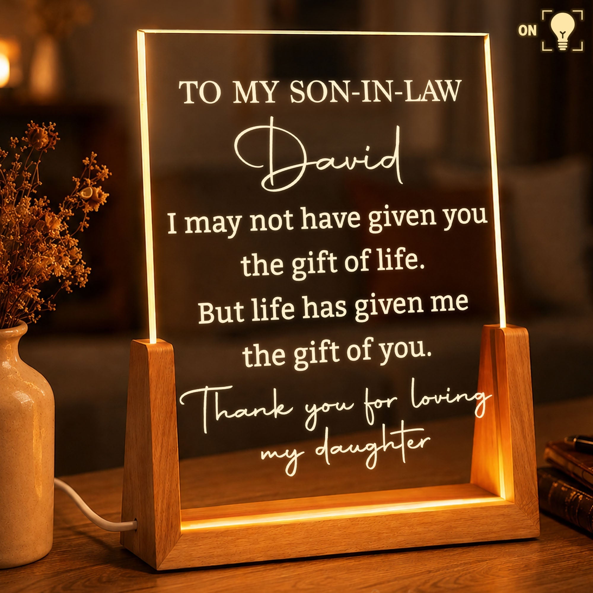 Personalized Acrylic Night Light with Wood Base Gift for Son-In-Law