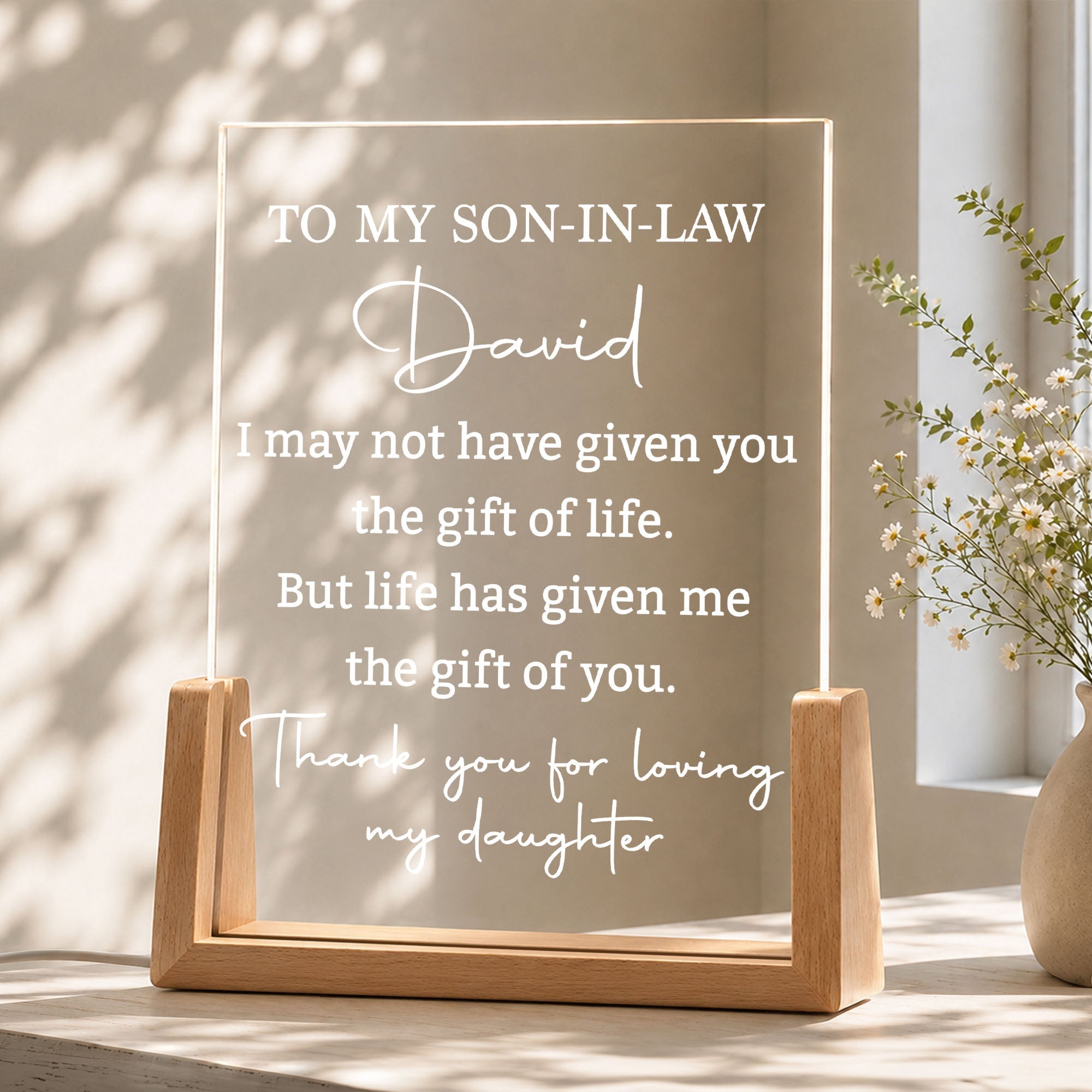 Personalized Acrylic Night Light with Wood Base Gift for Son-In-Law