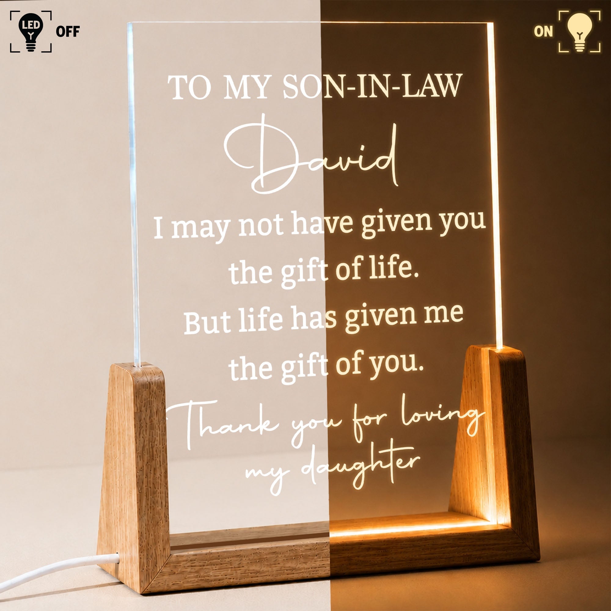 Personalized Acrylic Night Light with Wood Base Gift for Son-In-Law