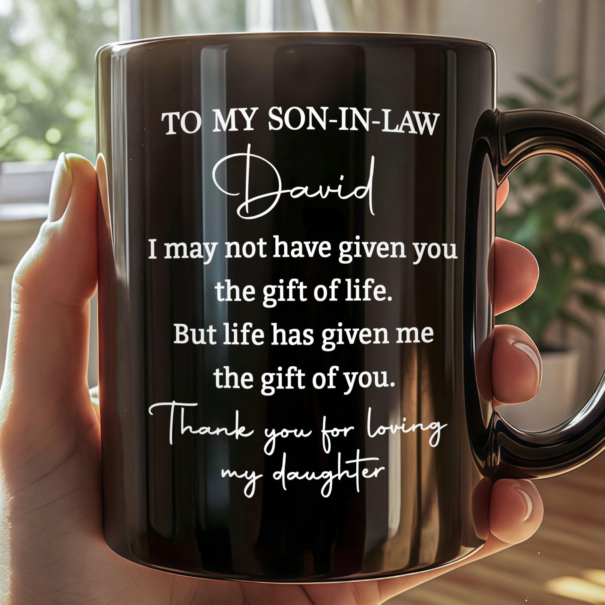 Personalized Black Coffee Mug Custom Gift for Son-in-Law
