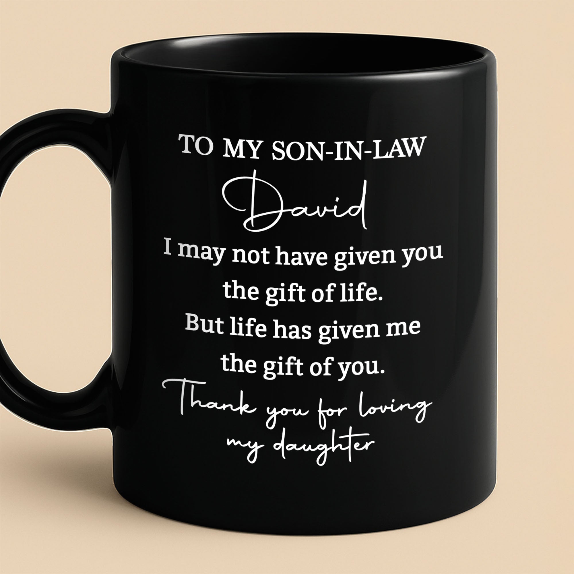 Personalized Black Coffee Mug Custom Gift for Son-in-Law