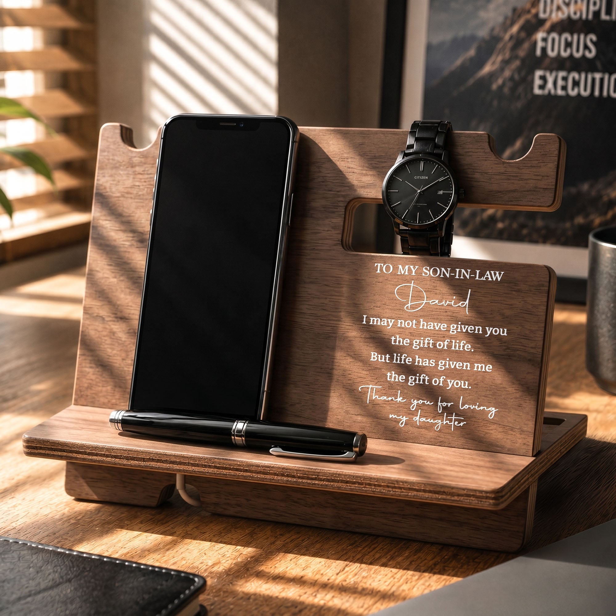 Personalized Wood Phone Docking Station Gift for Son-in-Law