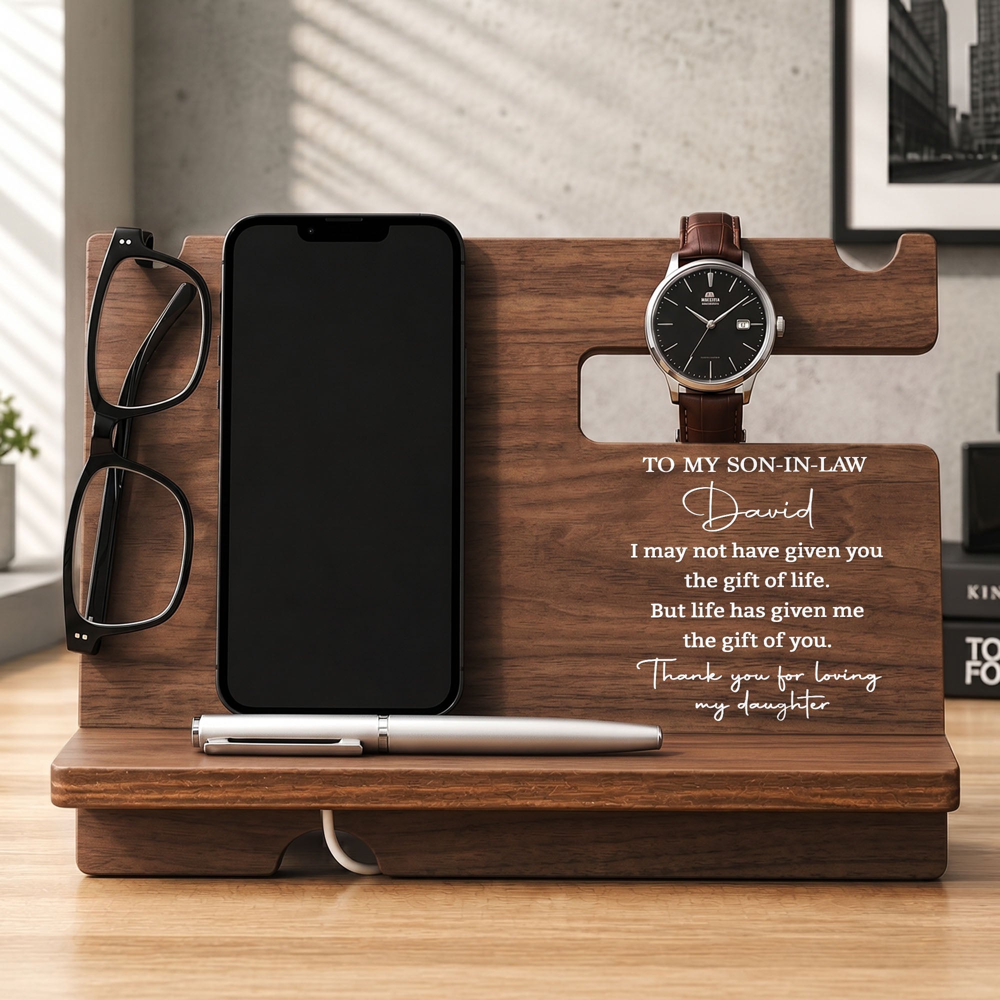 Personalized Wood Phone Docking Station Gift for Son-in-Law