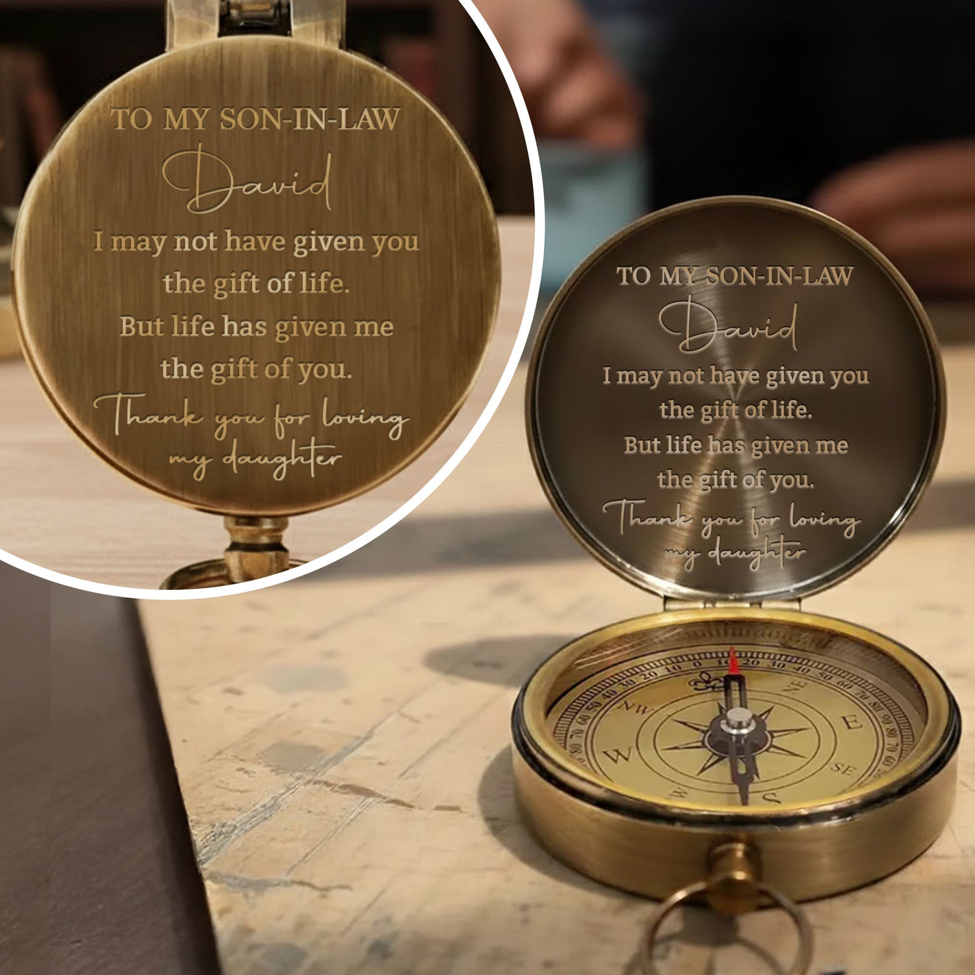 Personalized Engraved Brass Compass Custom Gift for Son-in-Law