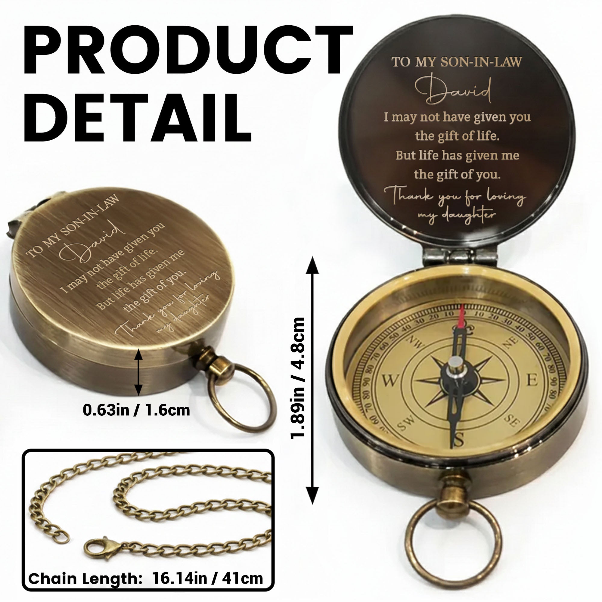 Personalized Engraved Brass Compass Custom Gift for Son-in-Law