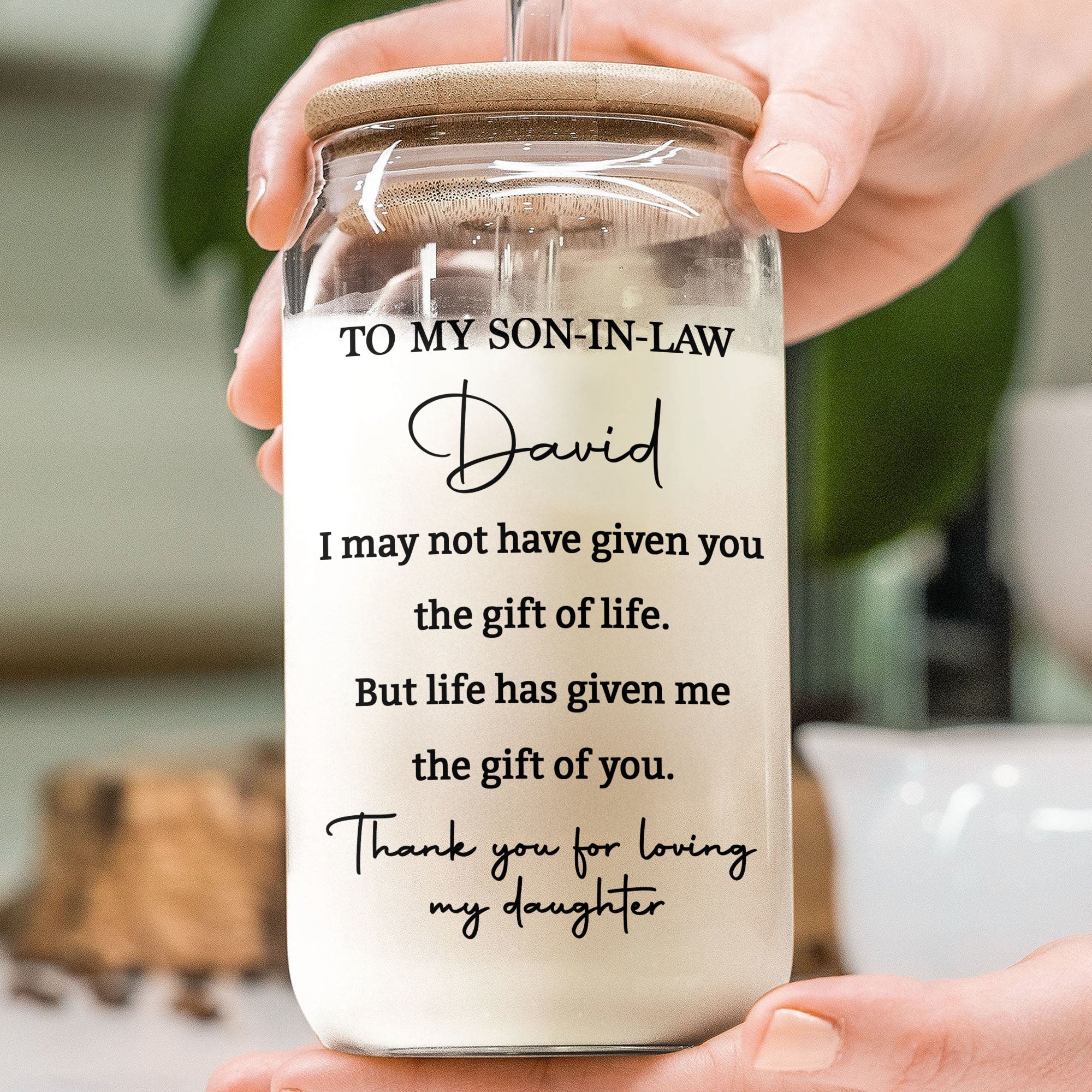 Personalized Clear Glass Can Custom Gift for Son-in-Law